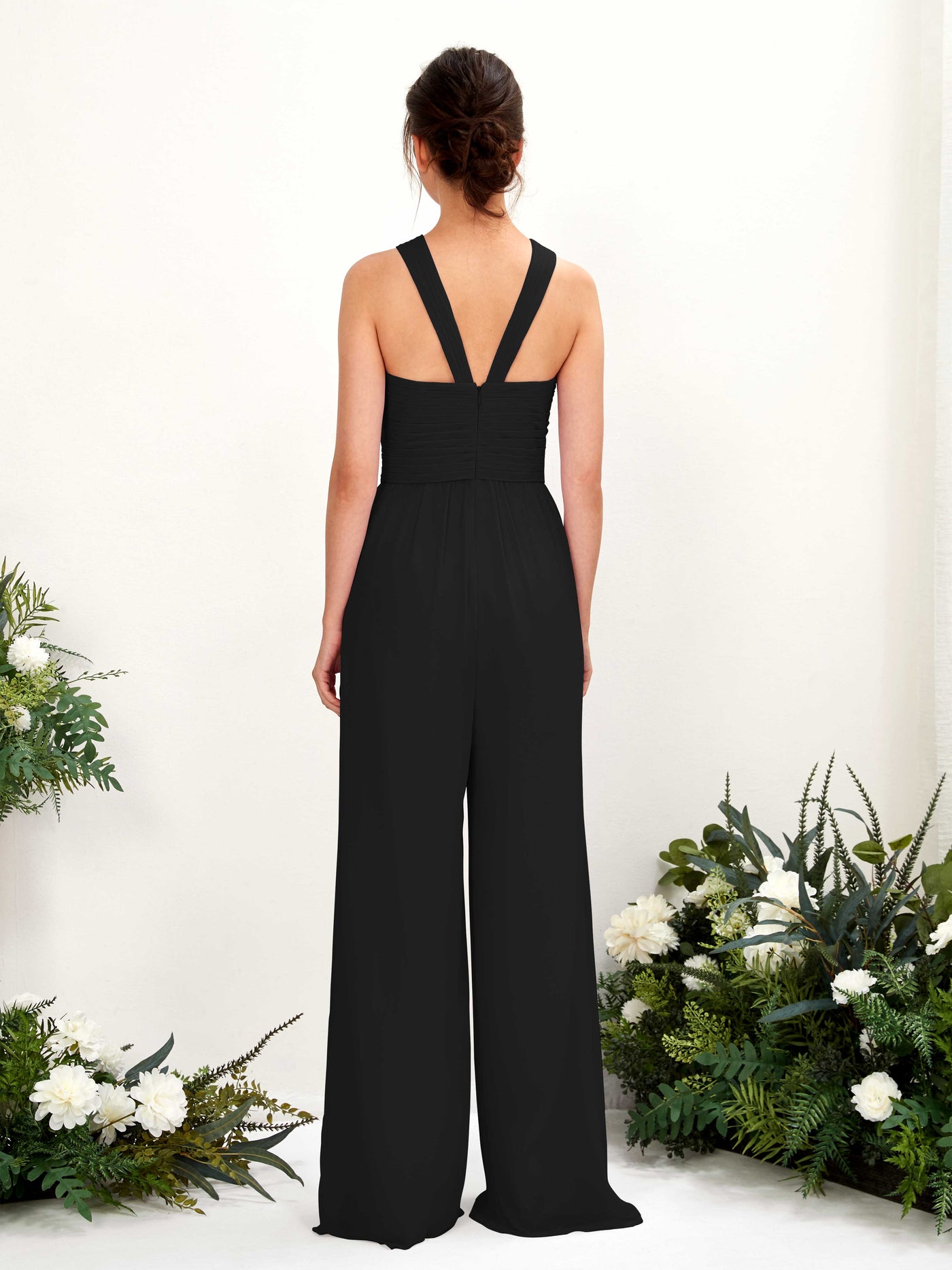 Carlyna Mono Escote cruzado Hasta el suelo Gasa fruncido Vestidos de dama de honor Negro #color_negro