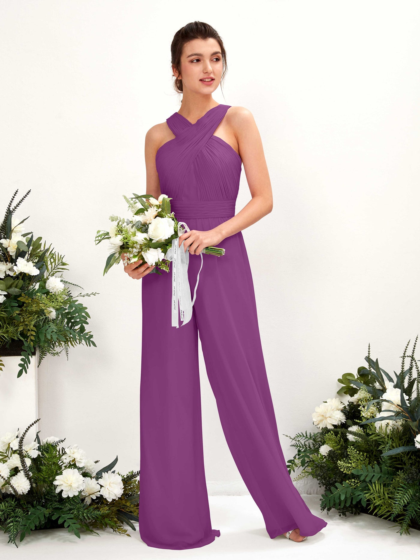 Carlyna Mono Escote cruzado Hasta el suelo Gasa fruncido Vestidos de dama de honor Púrpura #color_p-rpura