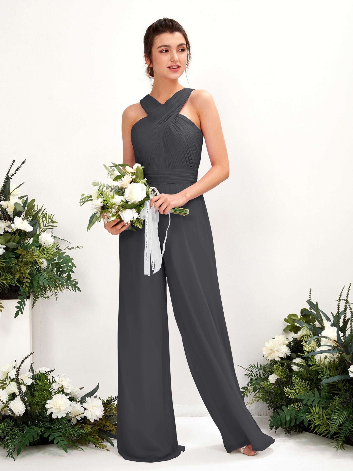 Carlyna Mono Escote cruzado Hasta el suelo Gasa fruncido Vestidos de dama de honor Peltre #color_peltre
