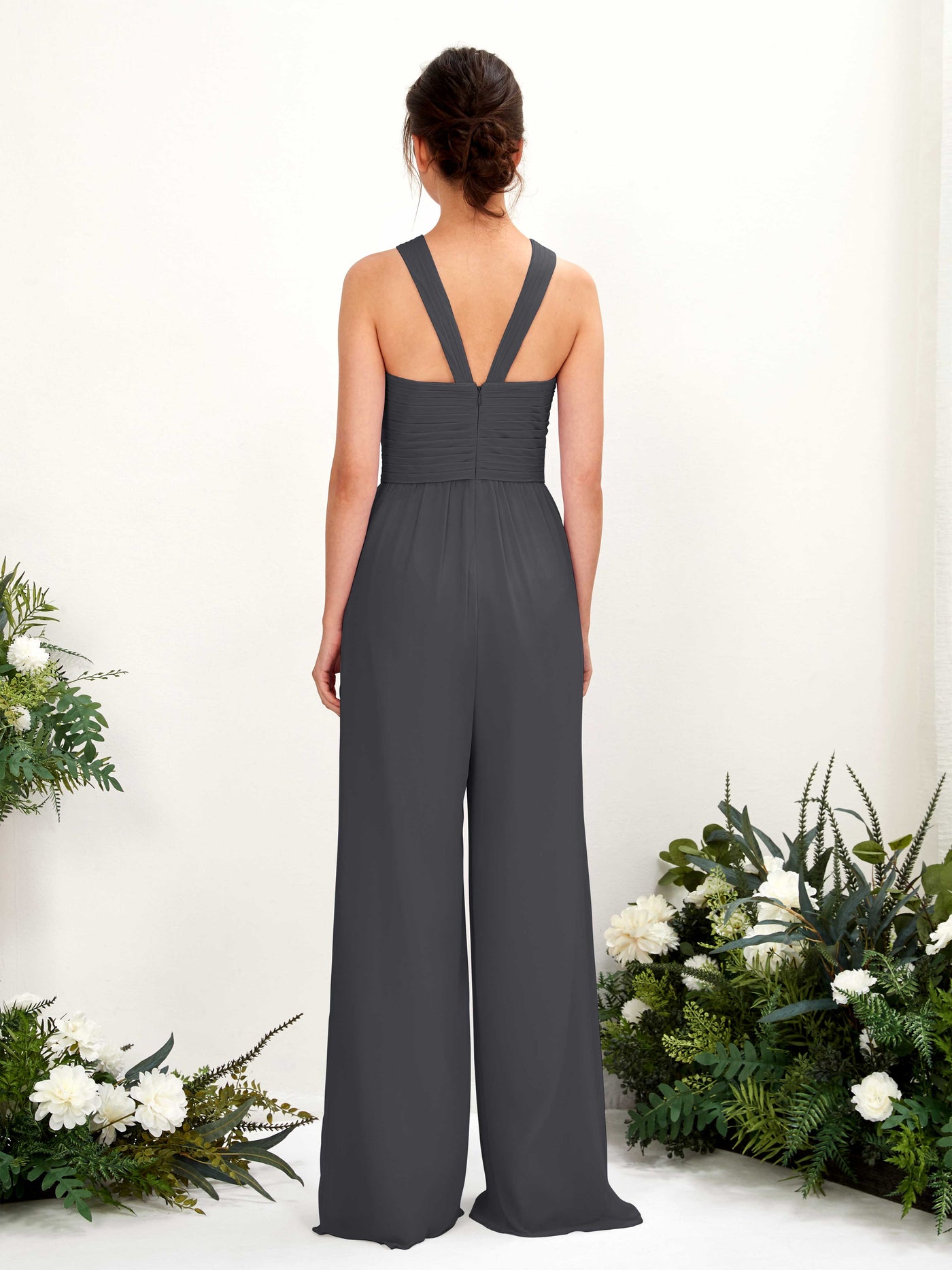 Carlyna Mono Escote cruzado Hasta el suelo Gasa fruncido Vestidos de dama de honor Peltre #color_peltre