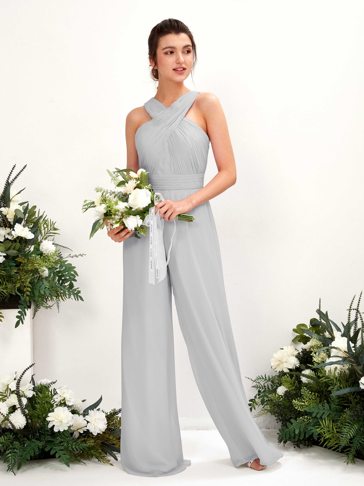 Carlyna Mono Escote cruzado Hasta el suelo Gasa fruncido Vestidos de dama de honor Plata #color_plata