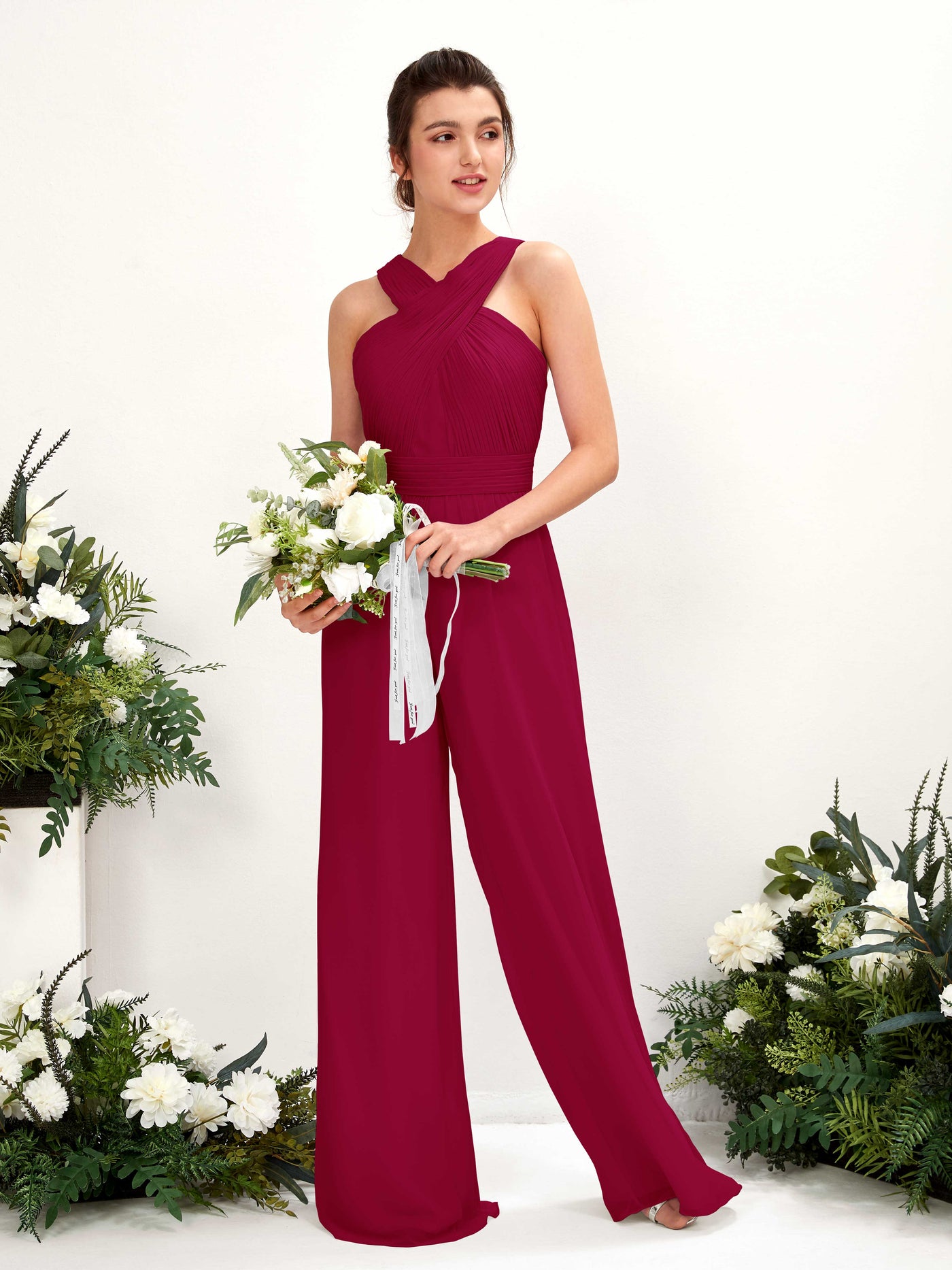 Carlyna Mono Escote cruzado Hasta el suelo Gasa fruncido Vestidos de dama de honor Rojo Bufón #color_rojo-buf-n