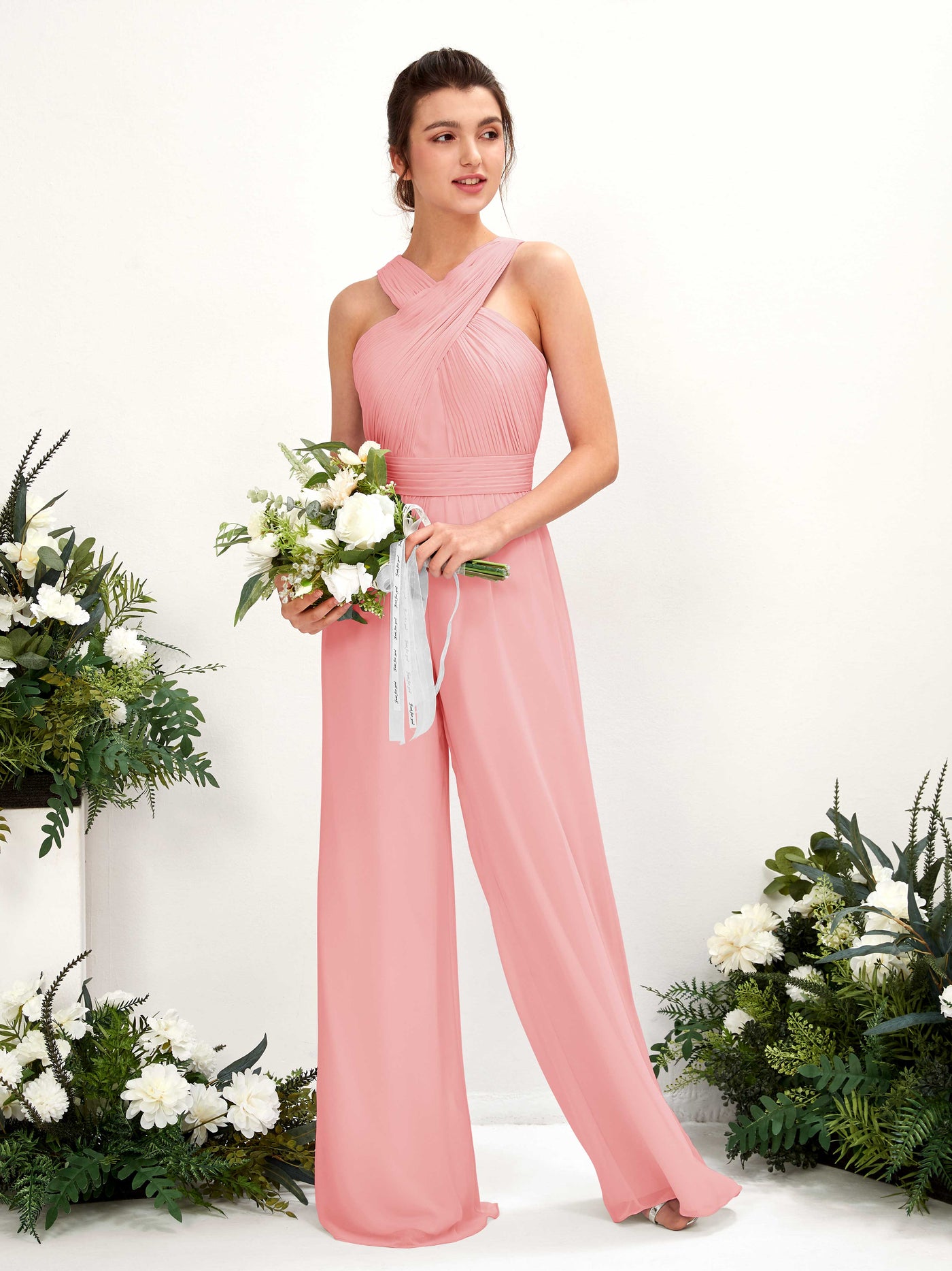 Carlyna Mono Escote cruzado Hasta el suelo Gasa fruncido Vestidos de dama de honor Rosa Ballet #color_rosa-ballet