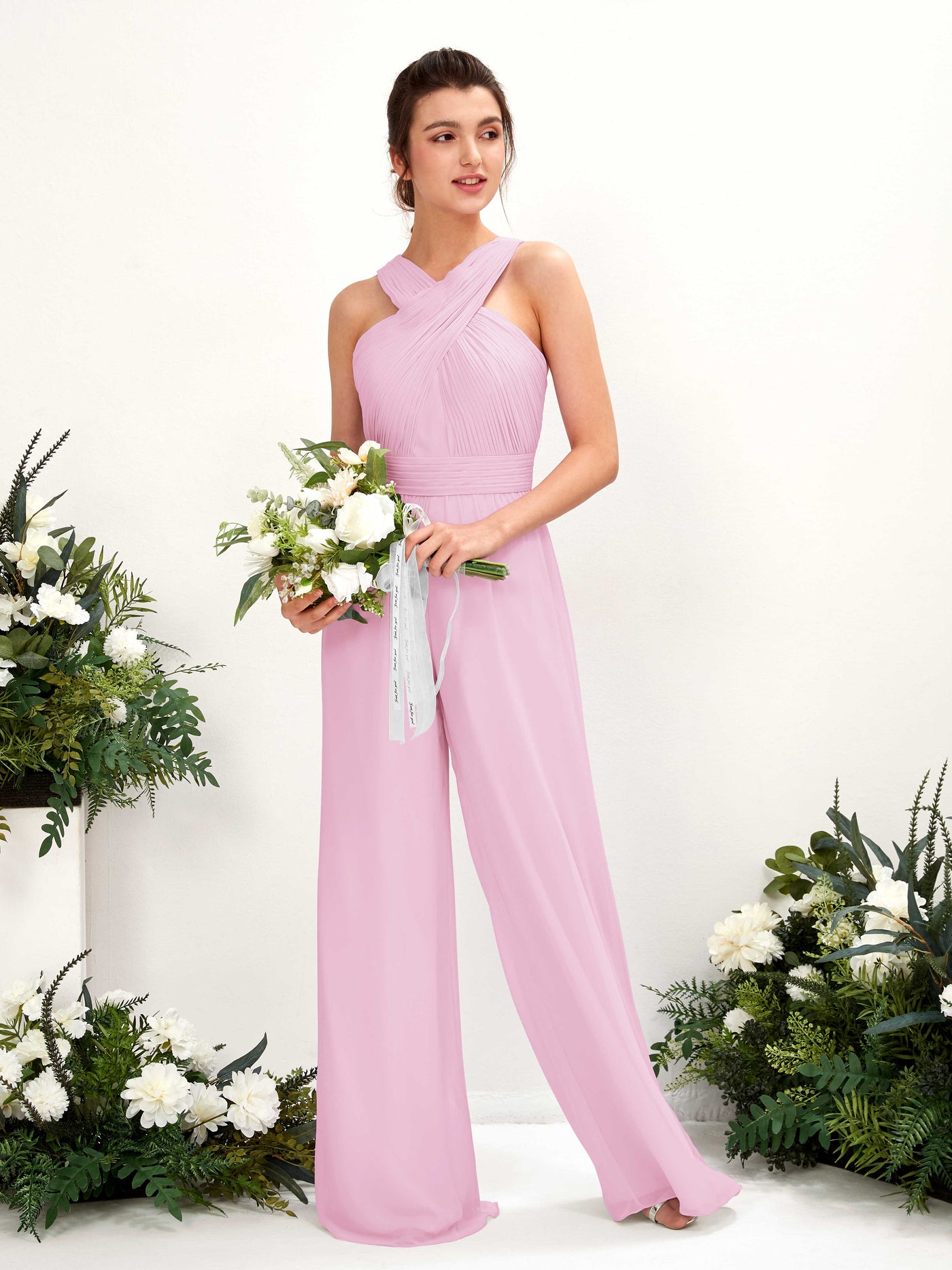 Carlyna Mono Escote cruzado Hasta el suelo Gasa fruncido Vestidos de dama de honor Rosa Caramelo #color_rosa-caramelo