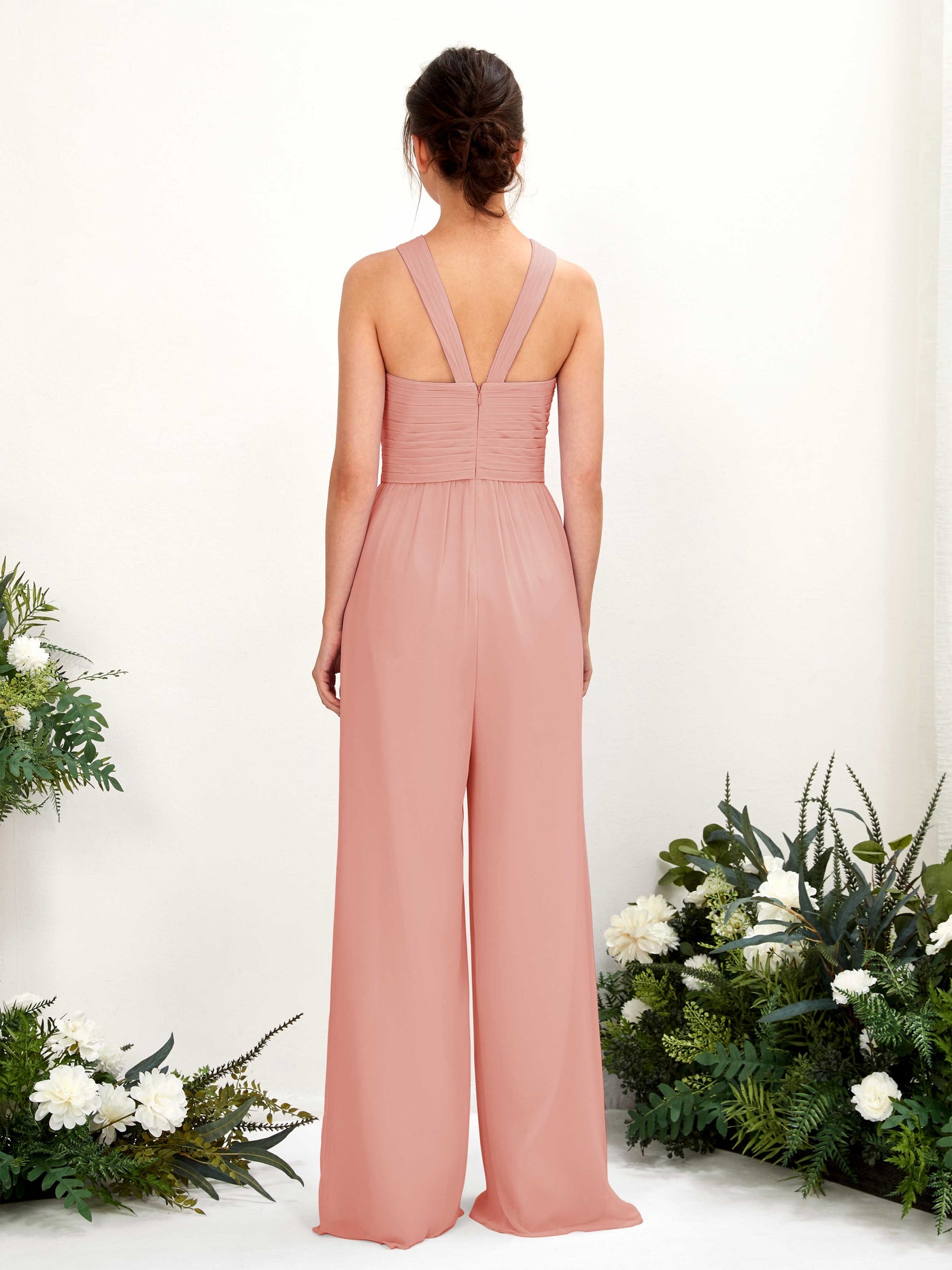 Carlyna Mono Escote cruzado Hasta el suelo Gasa fruncido Vestidos de dama de honor Rosa Champán #color_rosa-champ-n