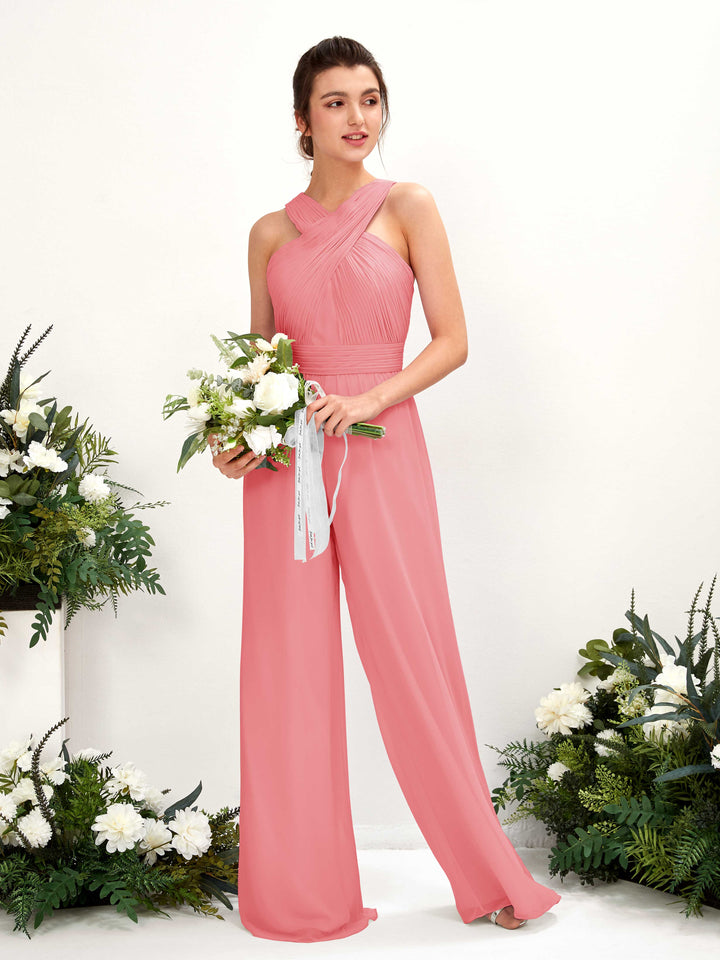 Carlyna Mono Escote cruzado Hasta el suelo Gasa fruncido Vestidos de dama de honor Rosa Coral 