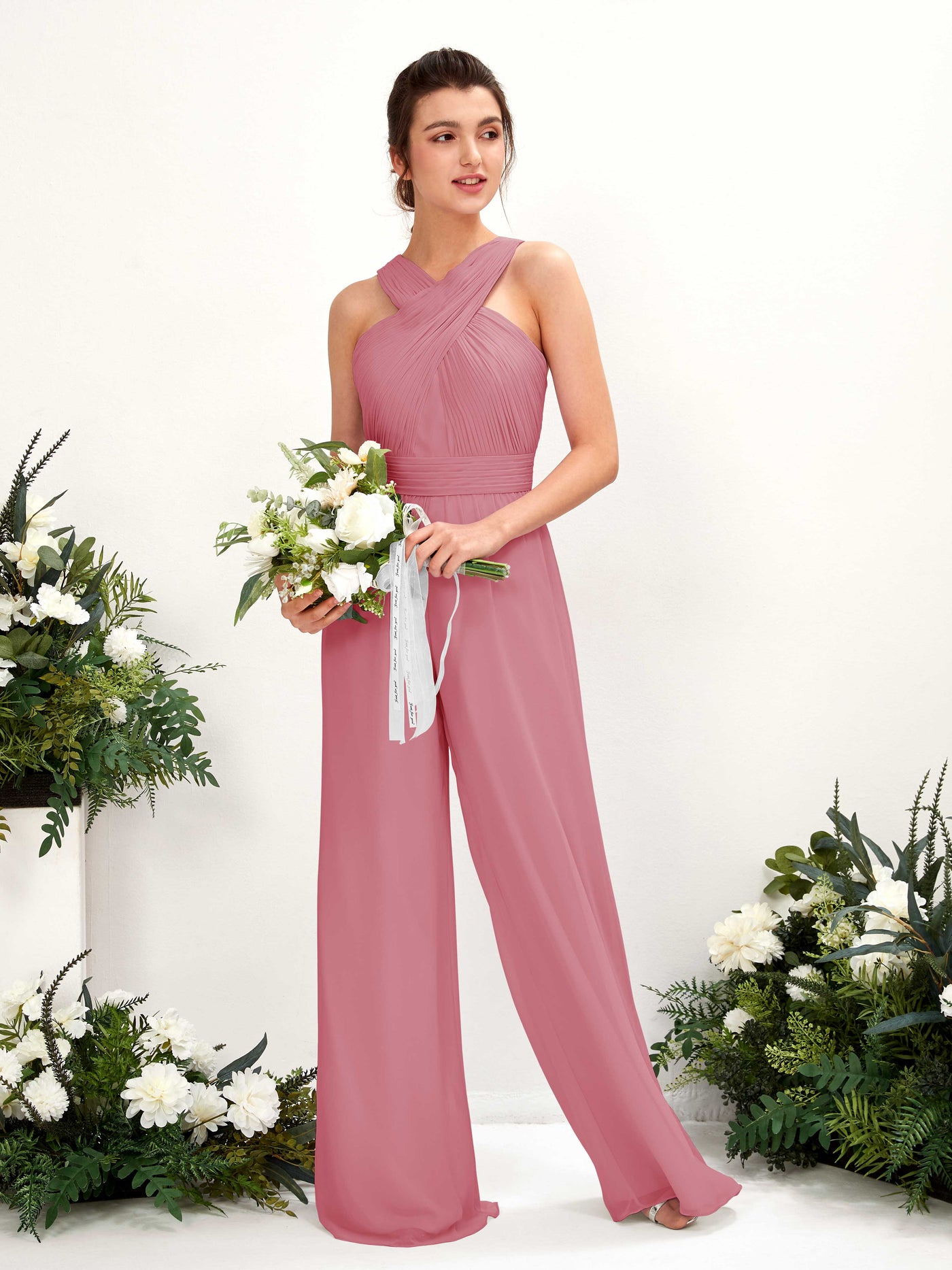 Carlyna Mono Escote cruzado Hasta el suelo Gasa fruncido Vestidos de dama de honor Rosa Del Desierto #color_rosa-del-desierto