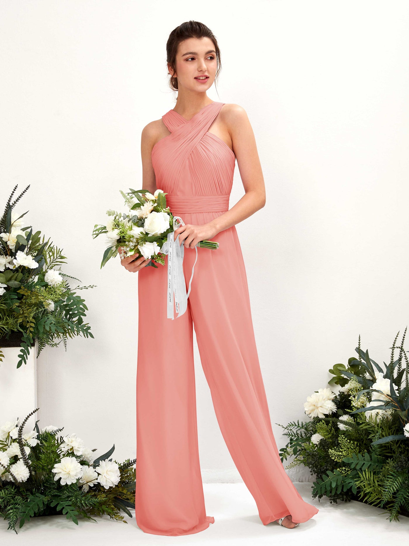Carlyna Mono Escote cruzado Hasta el suelo Gasa fruncido Vestidos de dama de honor Rosa Melocotón #color_rosa-melocot-n
