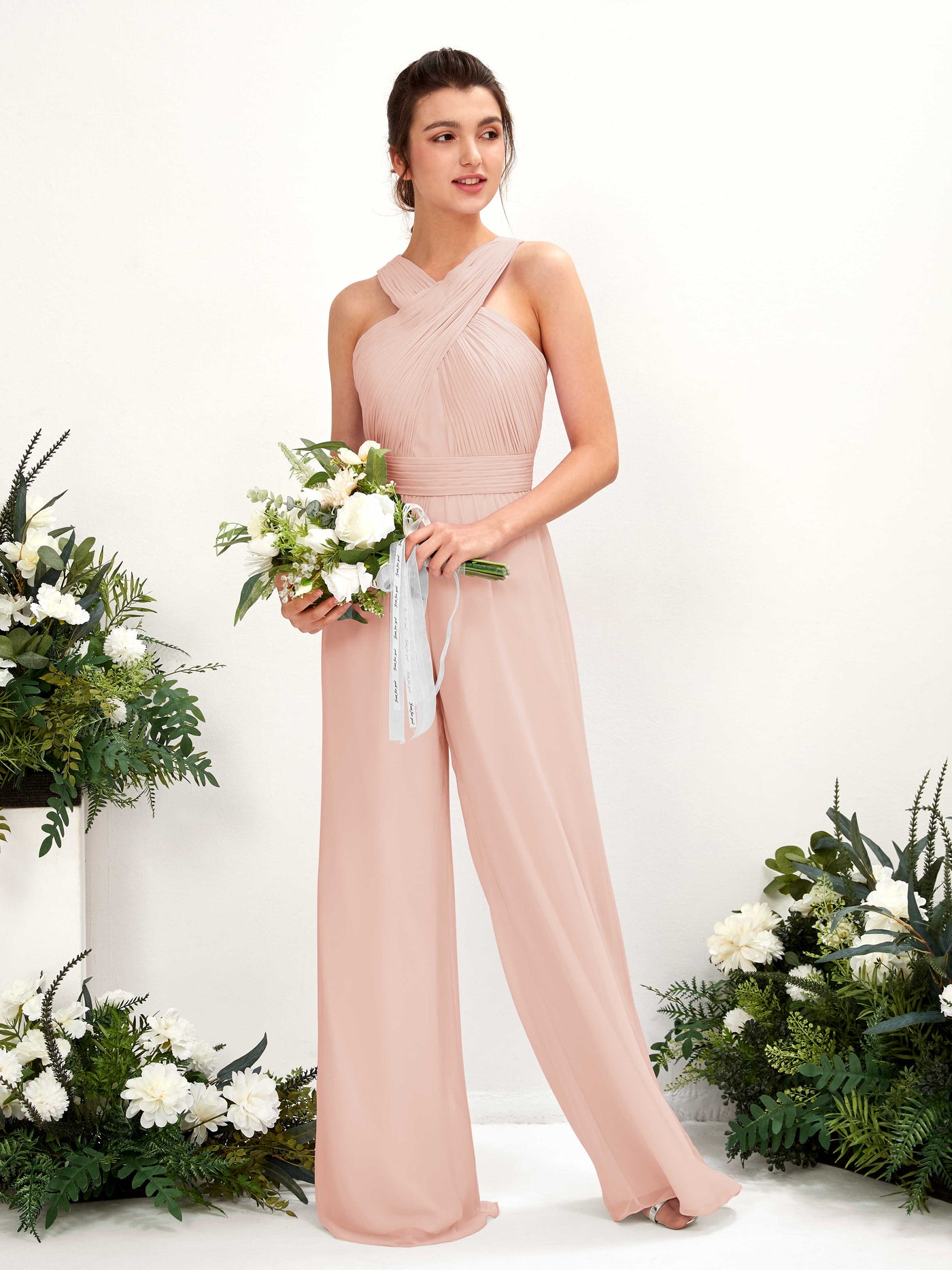 Carlyna Mono Escote cruzado Hasta el suelo Gasa fruncido Vestidos de dama de honor Rosa Perla #color_rosa-perla
