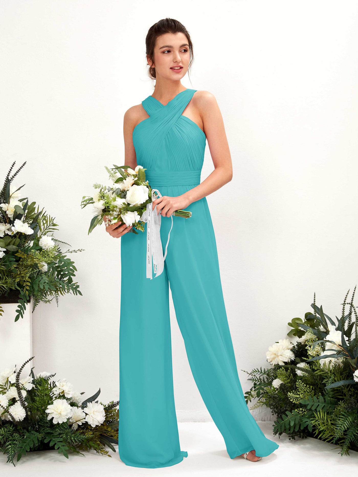 Carlyna Mono Escote cruzado Hasta el suelo Gasa fruncido Vestidos de dama de honor Turquesa #color_turquesa
