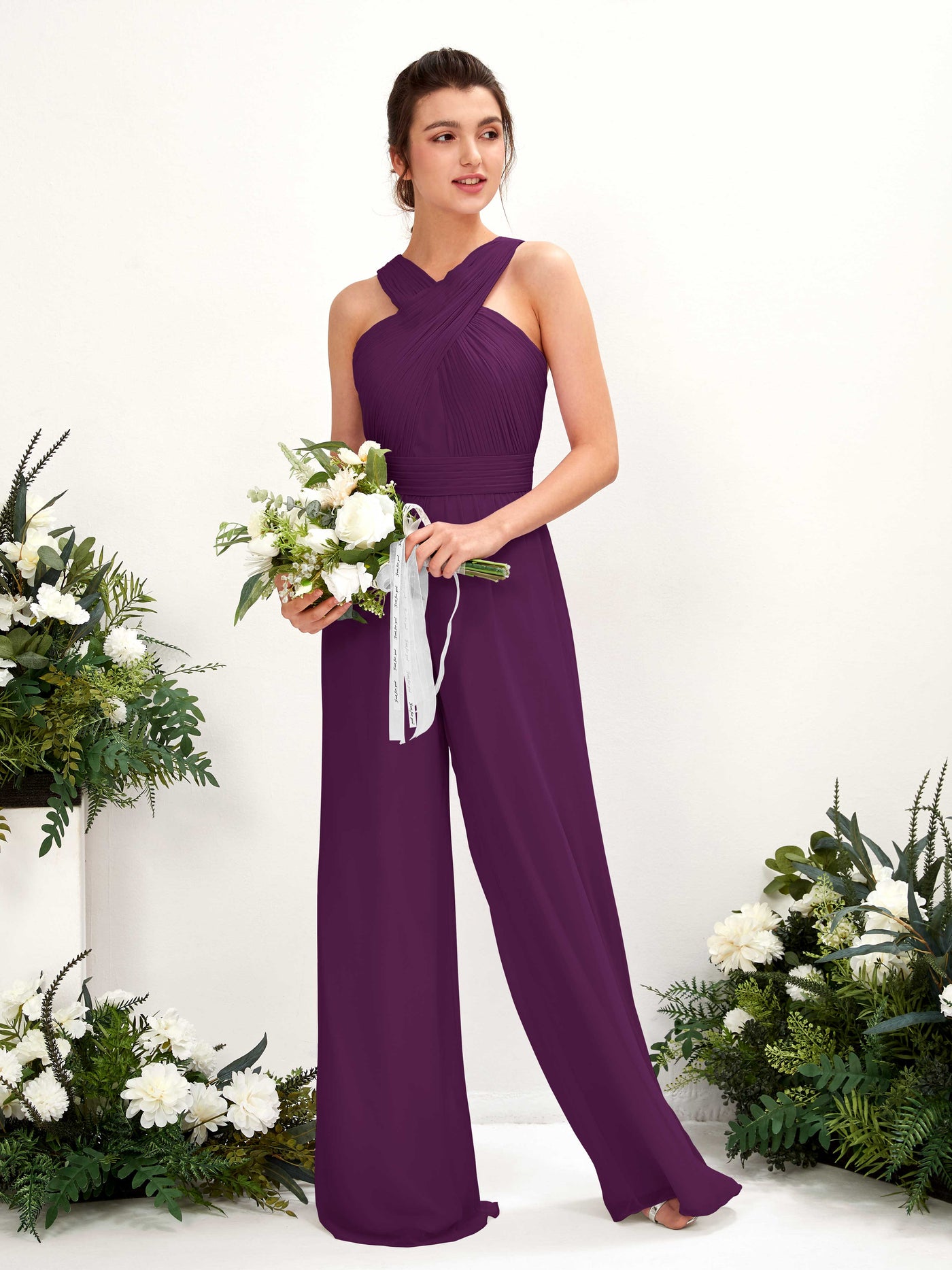 Carlyna Mono Escote cruzado Hasta el suelo Gasa fruncido Vestidos de dama de honor Uva #color_uva