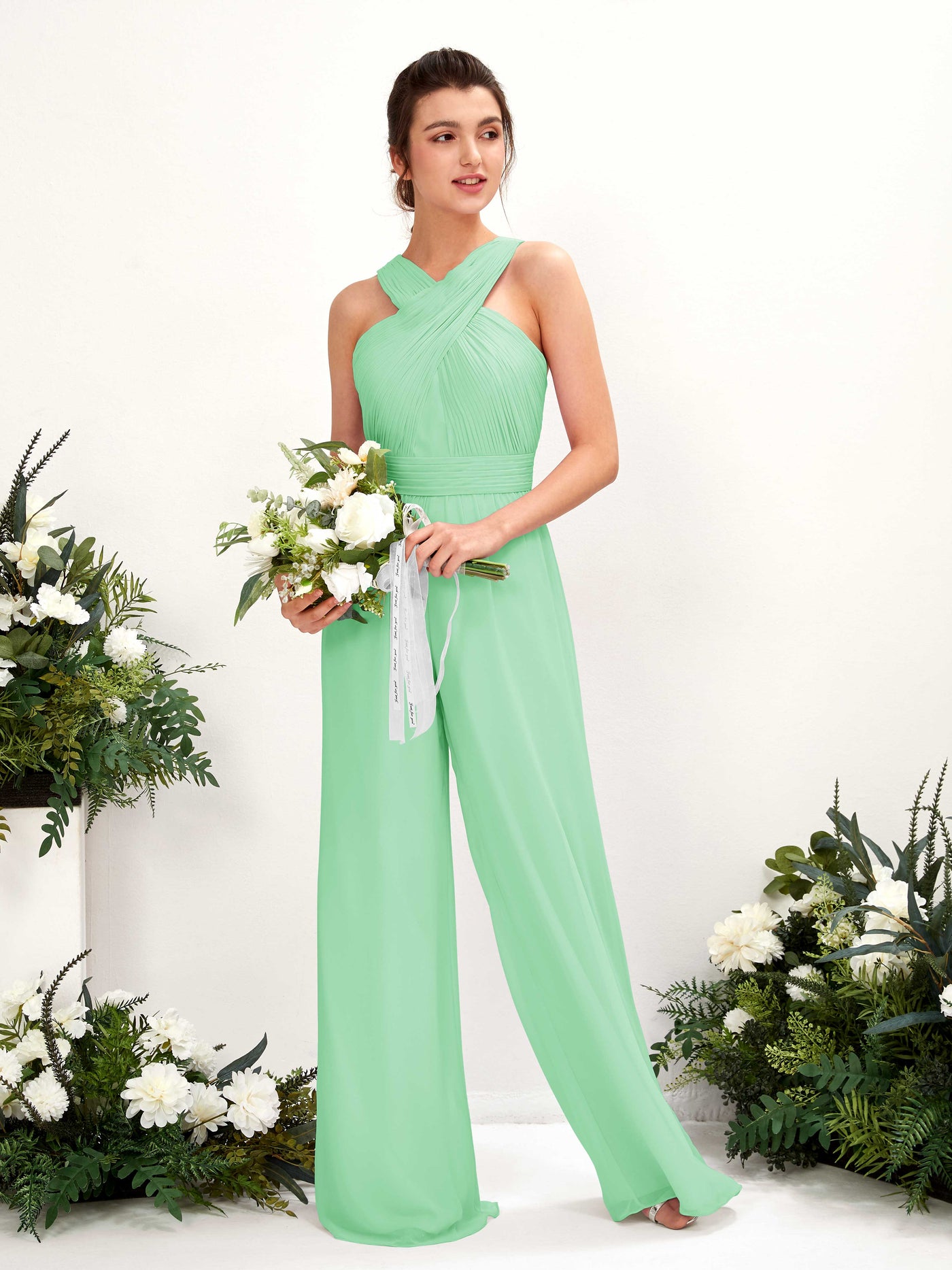 Carlyna Mono Escote cruzado Hasta el suelo Gasa fruncido Vestidos de dama de honor Verde Menta #color_verde-menta