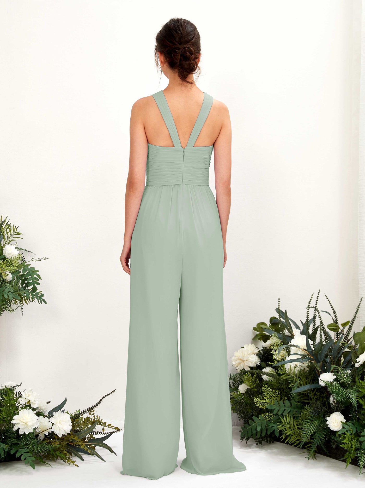 Carlyna Mono Escote cruzado Hasta el suelo Gasa fruncido Vestidos de dama de honor Verde Salvia #color_verde-salvia