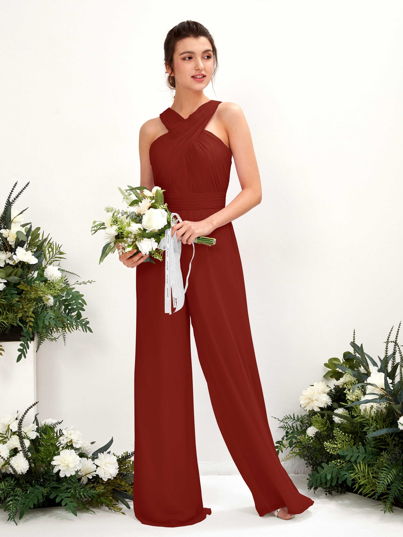 Carlyna Mono Escote cruzado Hasta el suelo Gasa fruncido Vestidos de dama de honor Óxido #color_xido