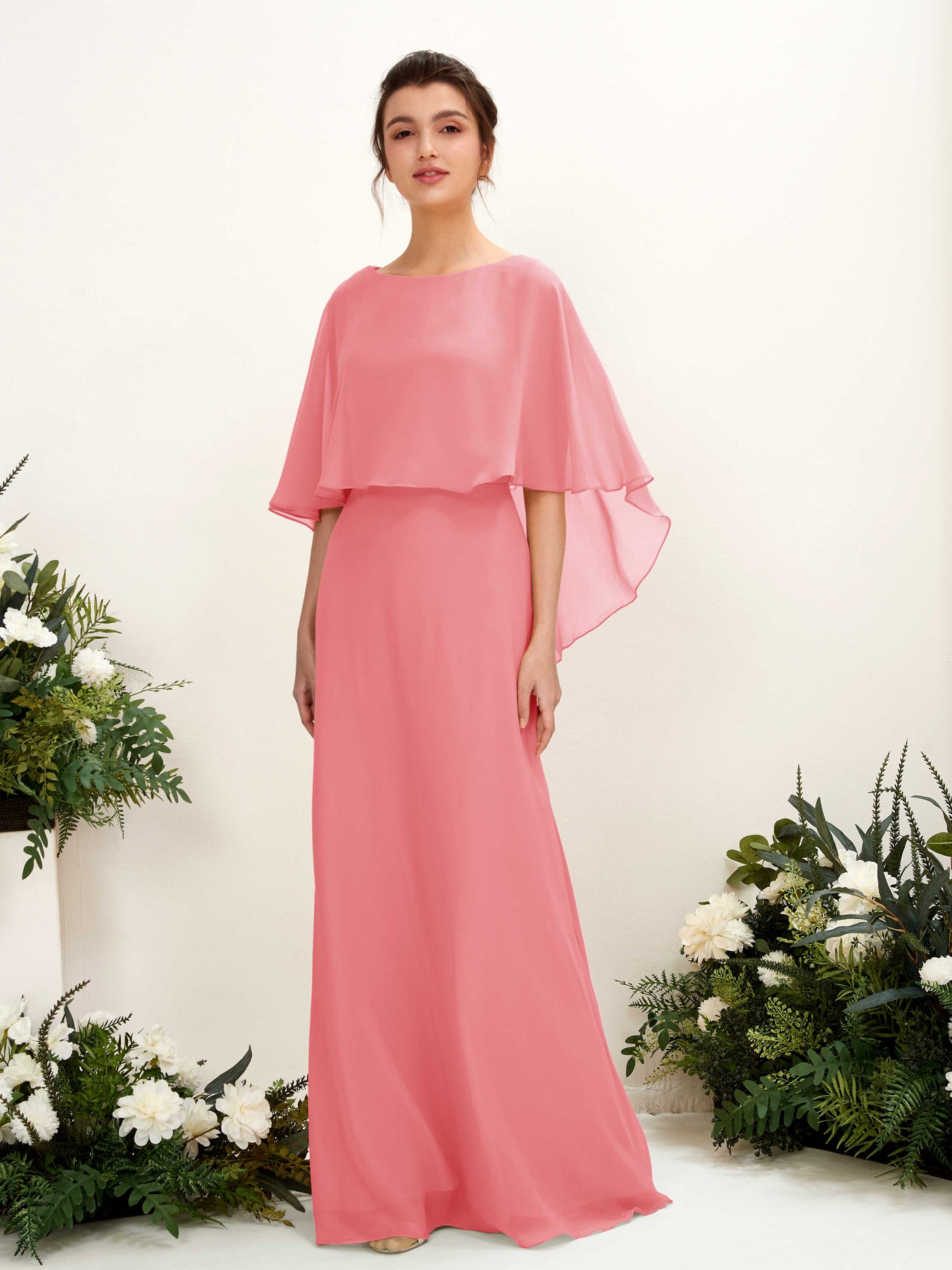 Carlyna Tubo Corte Escote bandeja Capa Vestidos de dama de honor Rosa Coral #color_rosa-coral