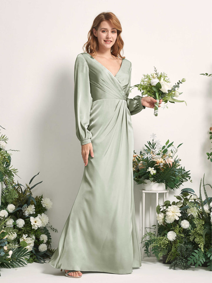 Carlyna Tubo Corte trompeta sirena Escote en V Manga Larga Vestidos de dama de honor Verde Salvia 