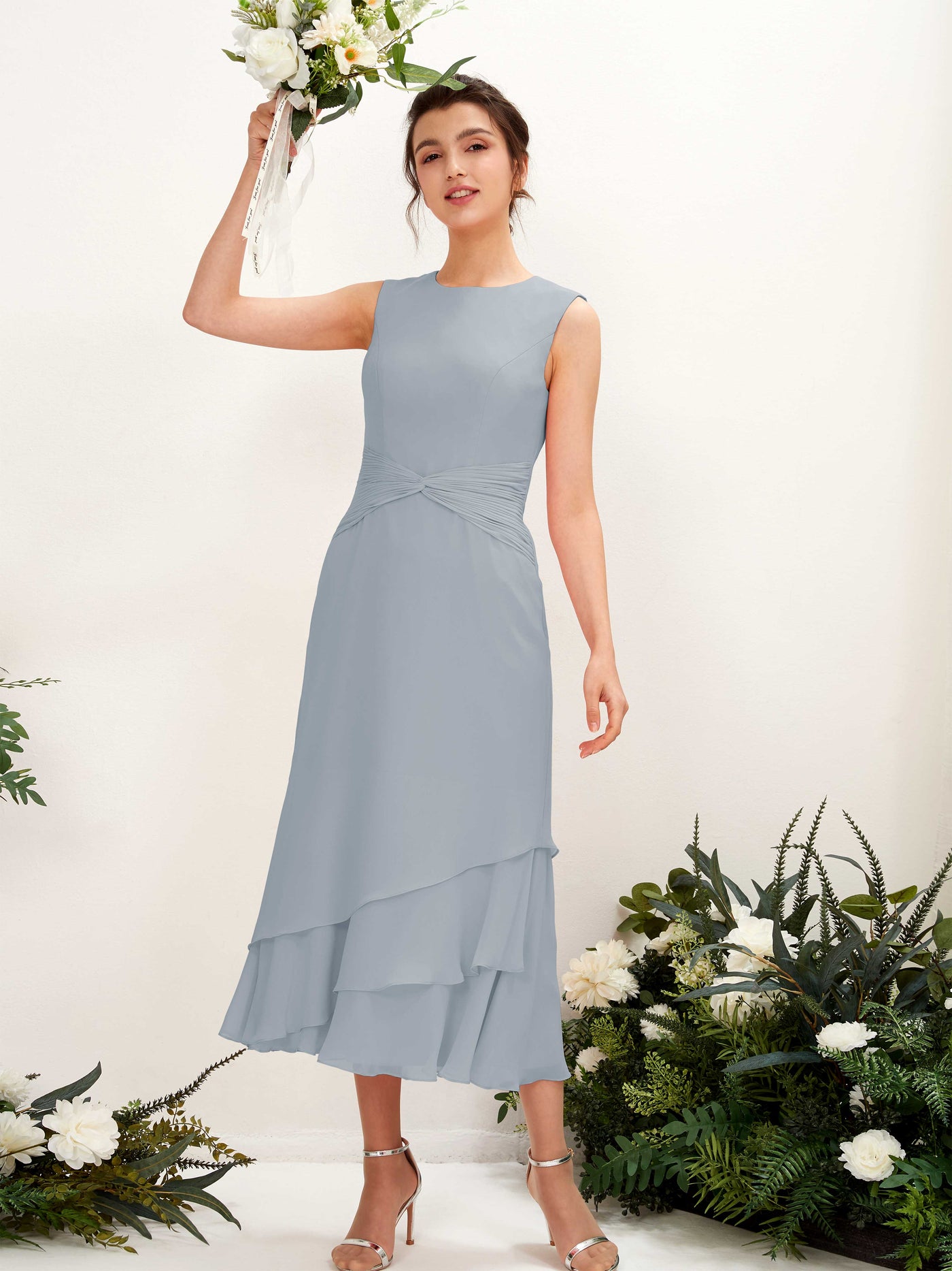 Carlyna Tubo Cuello redondo Hasta la tibia Gasa Vestido de dama de honor Azul Empolvado Mejorado #color_azul-empolvado-mejorado