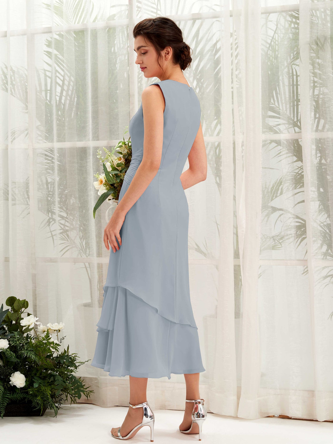 Carlyna Tubo Cuello redondo Hasta la tibia Gasa Vestido de dama de honor Azul Empolvado Mejorado #color_azul-empolvado-mejorado