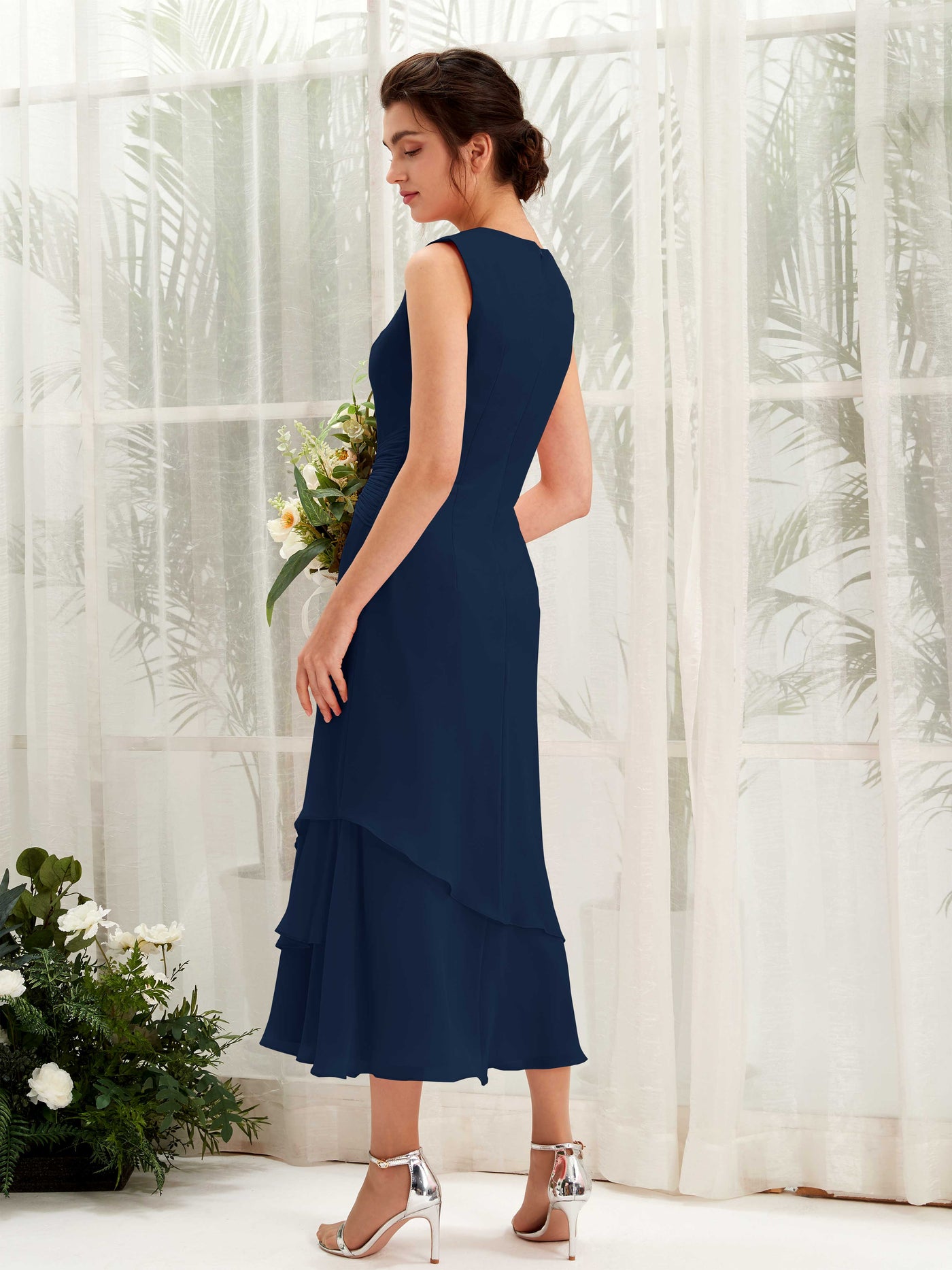 Carlyna Tubo Cuello redondo Hasta la tibia Gasa Vestido de dama de honor Azul Marino #color_azul-marino