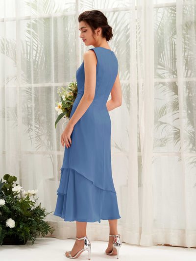 Carlyna Tubo Cuello redondo Hasta la tibia Gasa Vestido de dama de honor Azul polvoriento #color_azul-polvoriento