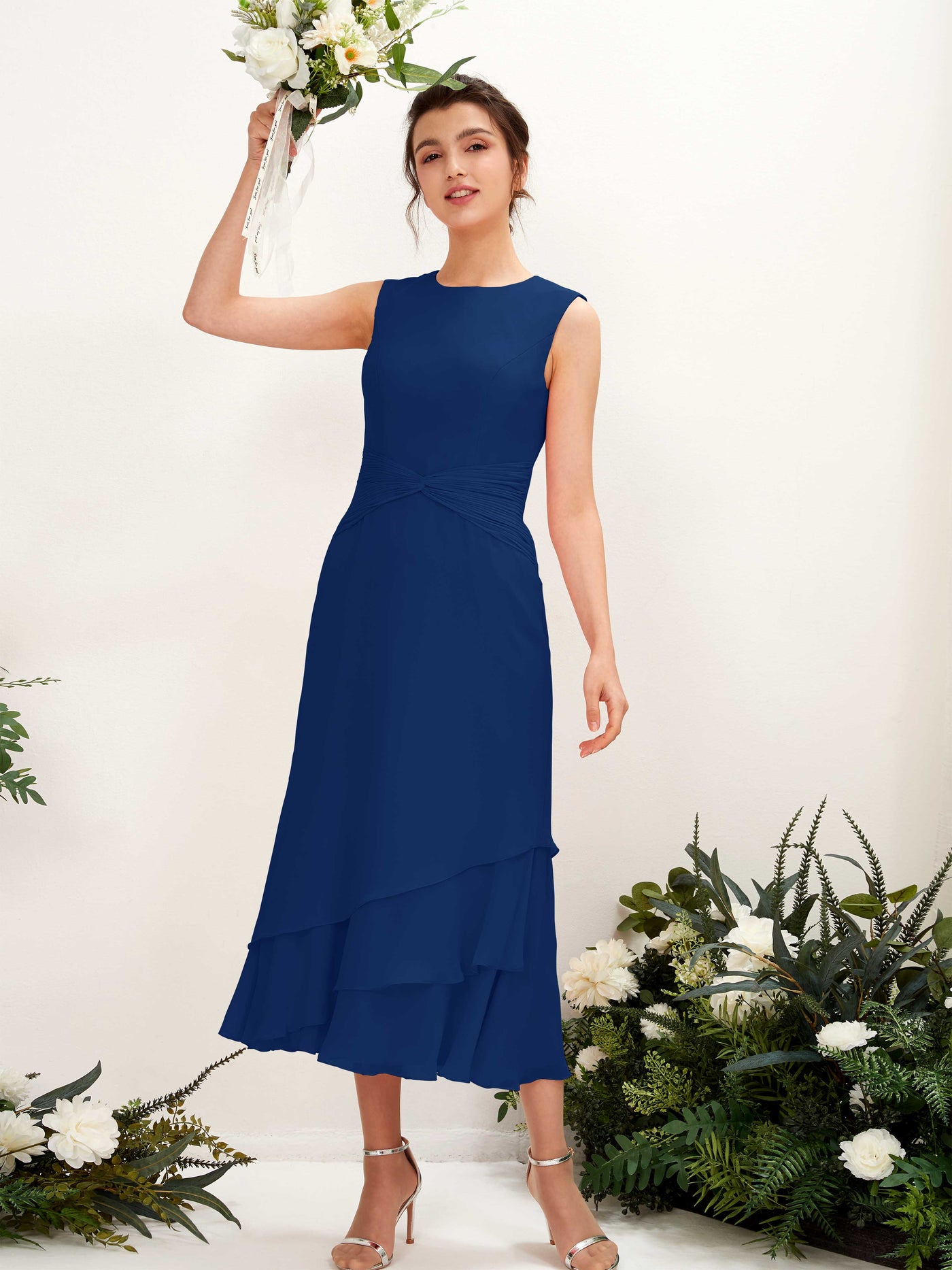 Carlyna Tubo Cuello redondo Hasta la tibia Gasa Vestido de dama de honor Azul Real #color_azul-real