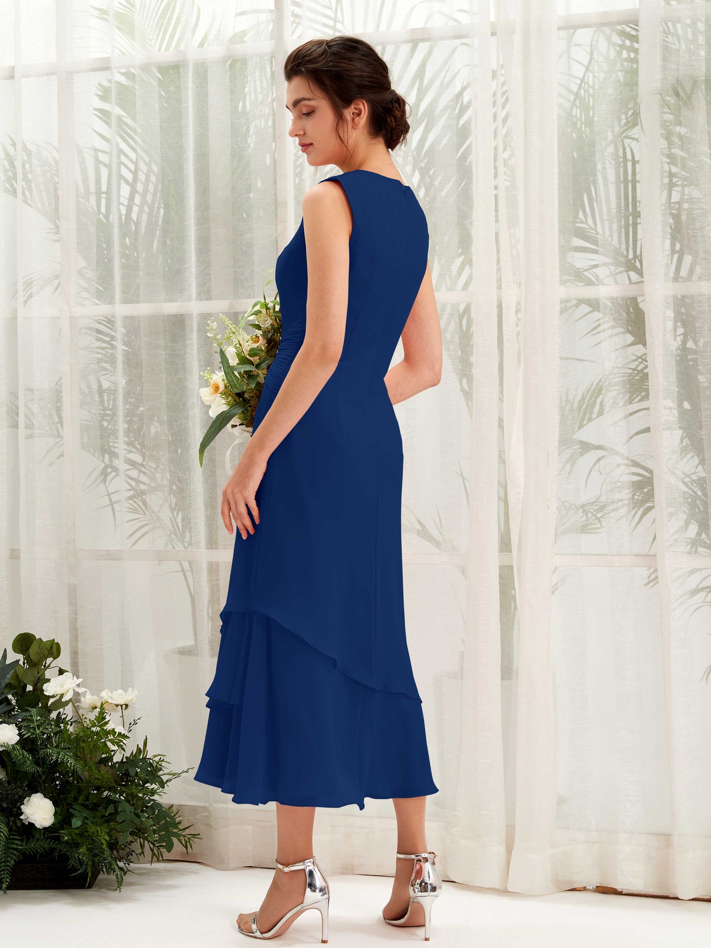 Carlyna Tubo Cuello redondo Hasta la tibia Gasa Vestido de dama de honor Azul Real #color_azul-real