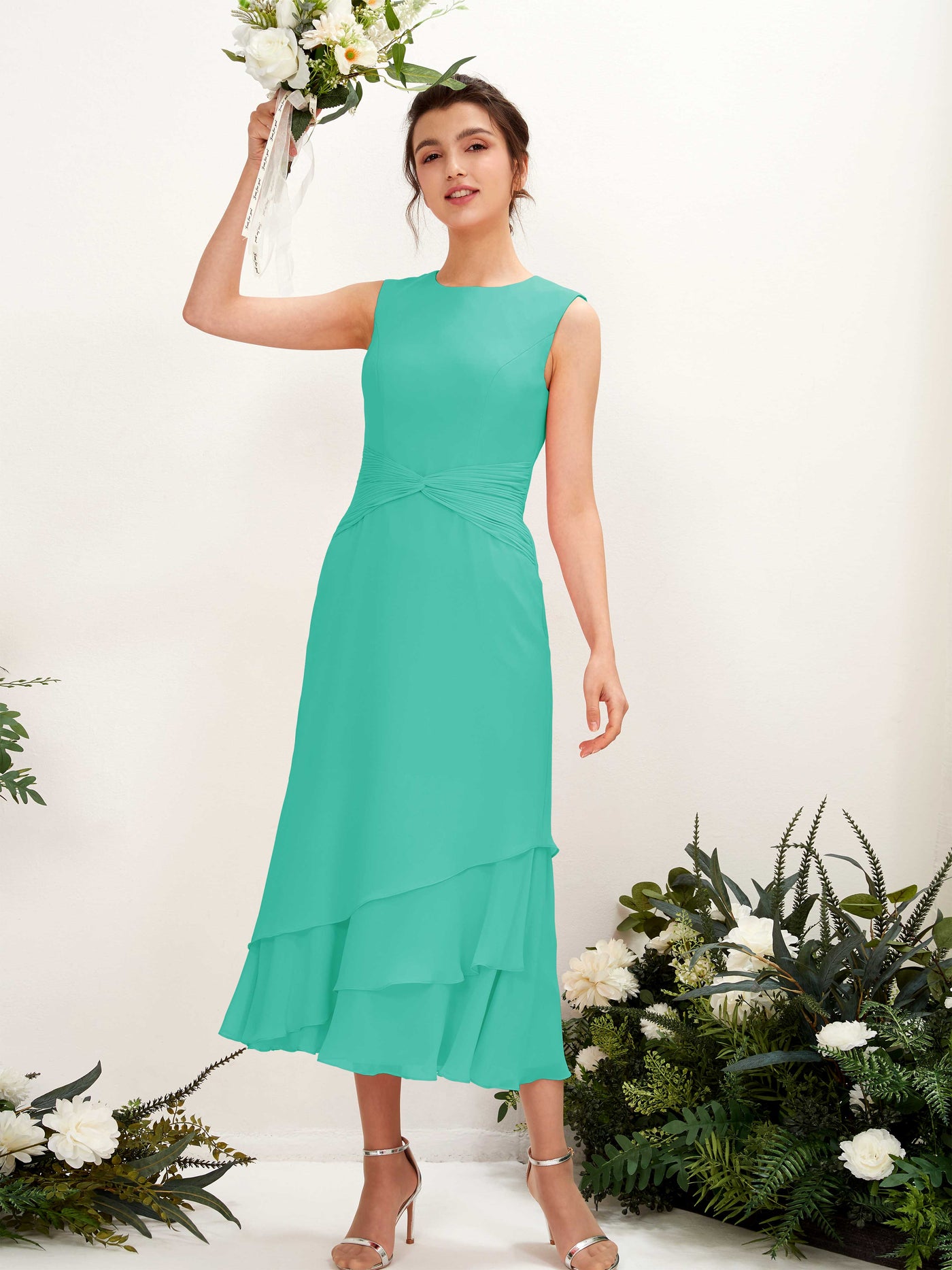 Carlyna Tubo Cuello redondo Hasta la tibia Gasa Vestido de dama de honor Azul Tiffany #color_azul-tiffany