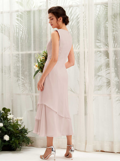 Carlyna Tubo Cuello redondo Hasta la tibia Gasa Vestido de dama de honor Biscotti #color_biscotti