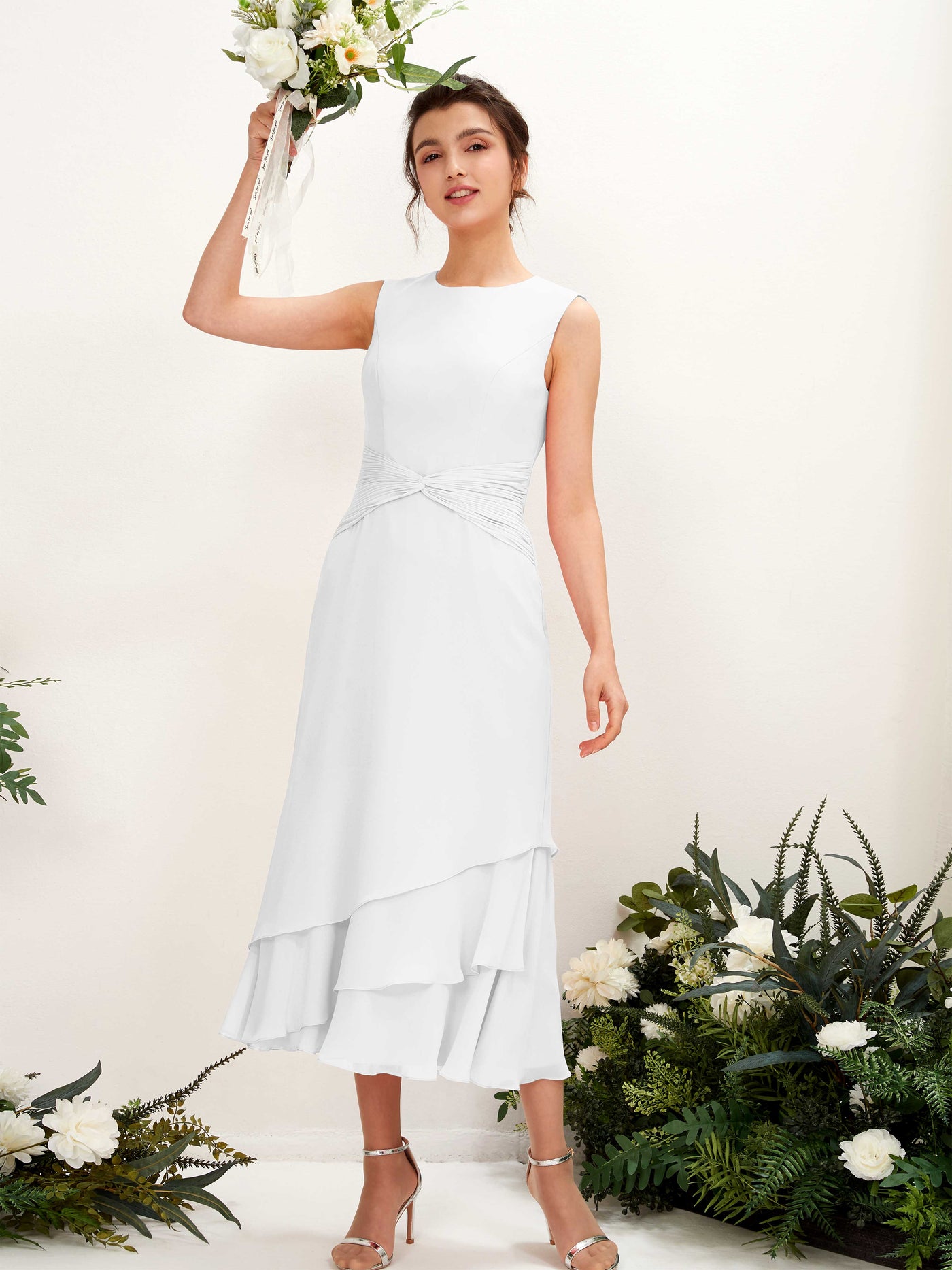Carlyna Tubo Cuello redondo Hasta la tibia Gasa Vestido de dama de honor Blanco #color_blanco