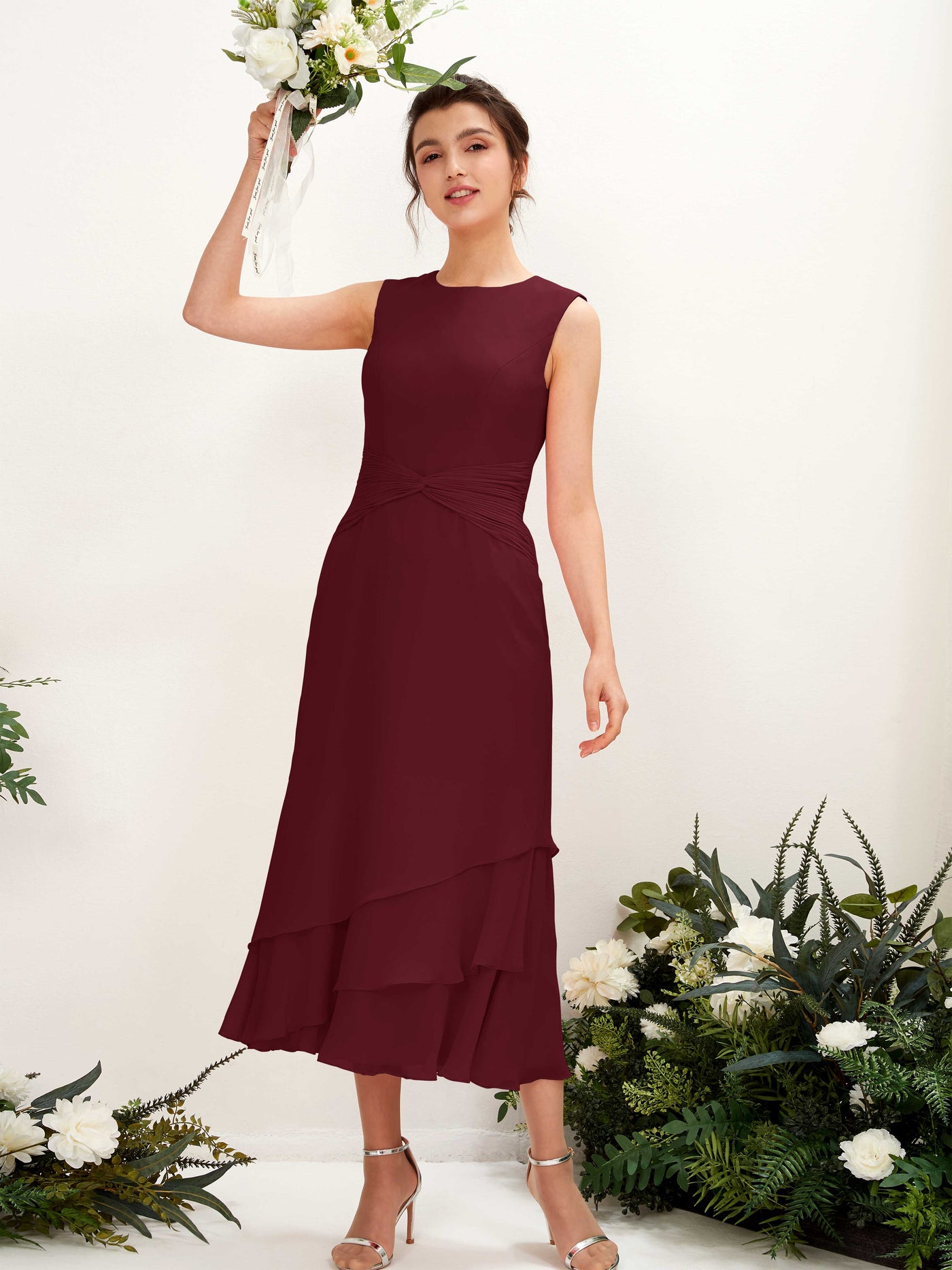Carlyna Tubo Cuello redondo Hasta la tibia Gasa Vestido de dama de honor Borgoña #color_borgo-a