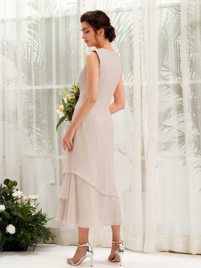 Carlyna Tubo Cuello redondo Hasta la tibia Gasa Vestido de dama de honor Champán #color_champ-n