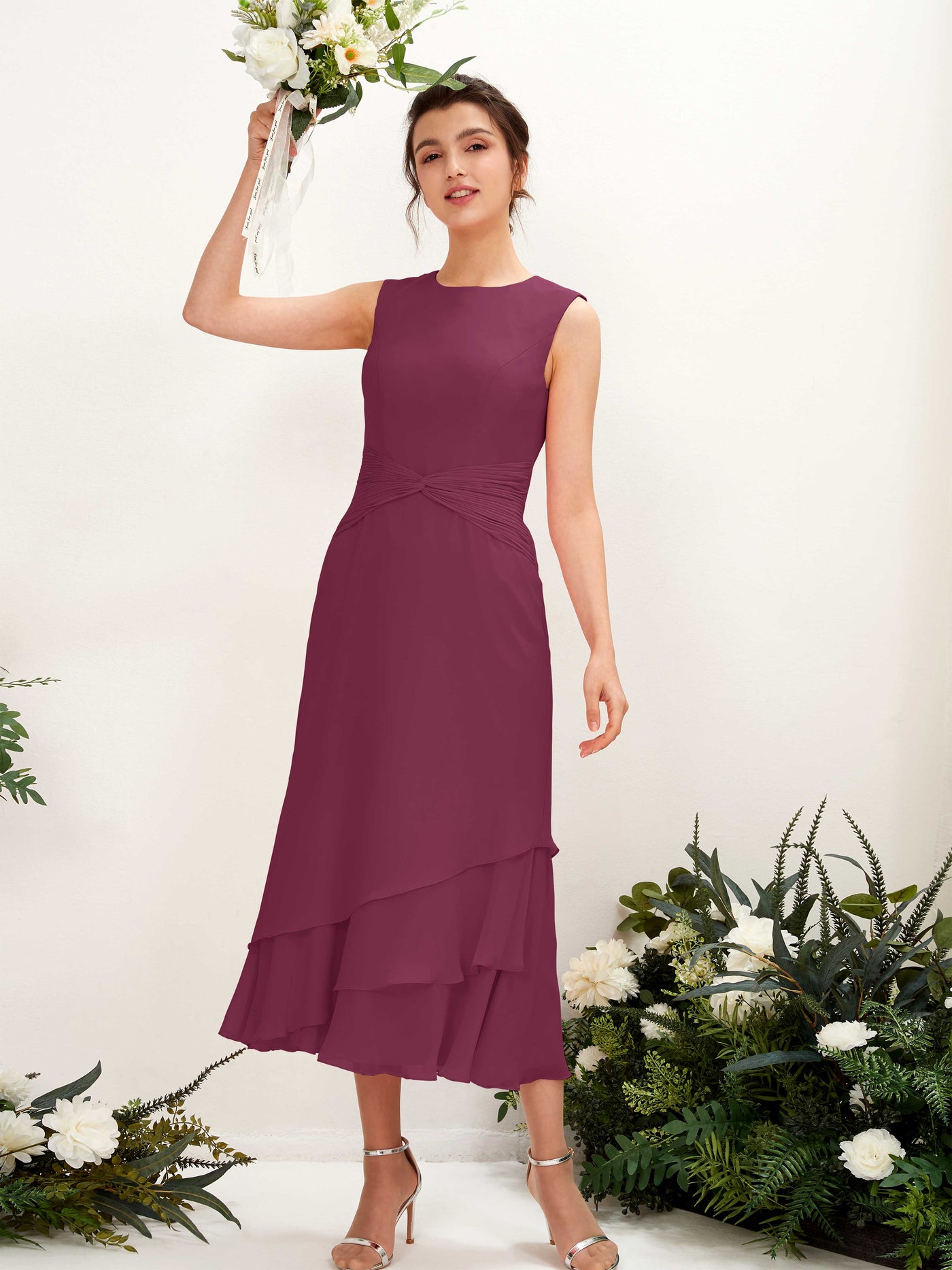 Carlyna Tubo Cuello redondo Hasta la tibia Gasa Vestido de dama de honor Chianti #color_chianti