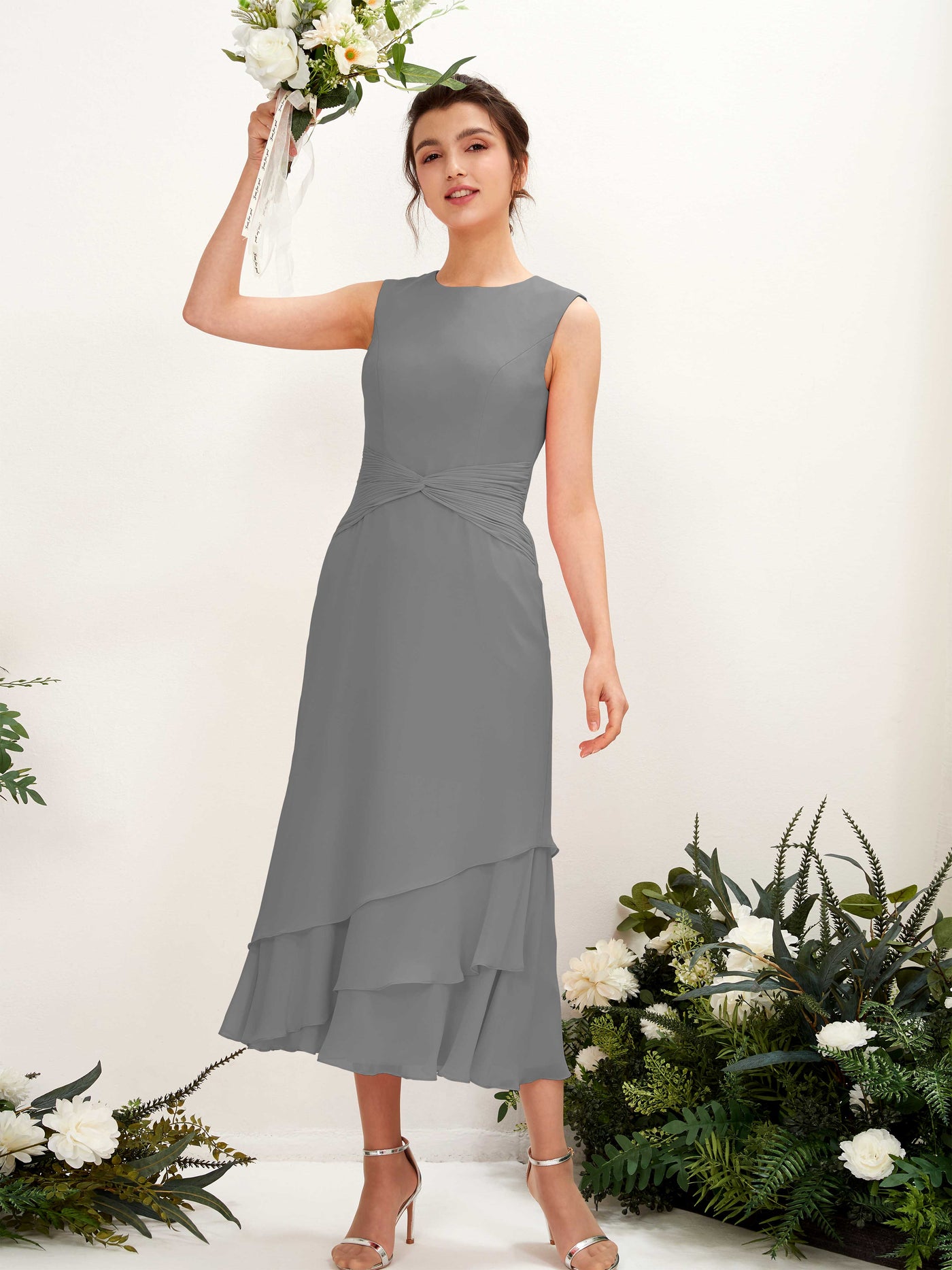 Carlyna Tubo Cuello redondo Hasta la tibia Gasa Vestido de dama de honor Gris Acero #color_gris-acero