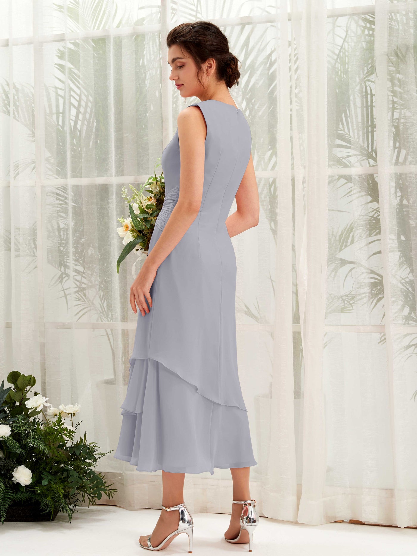 Carlyna Tubo Cuello redondo Hasta la tibia Gasa Vestido de dama de honor Lavanda Viejo #color_lavanda-viejo