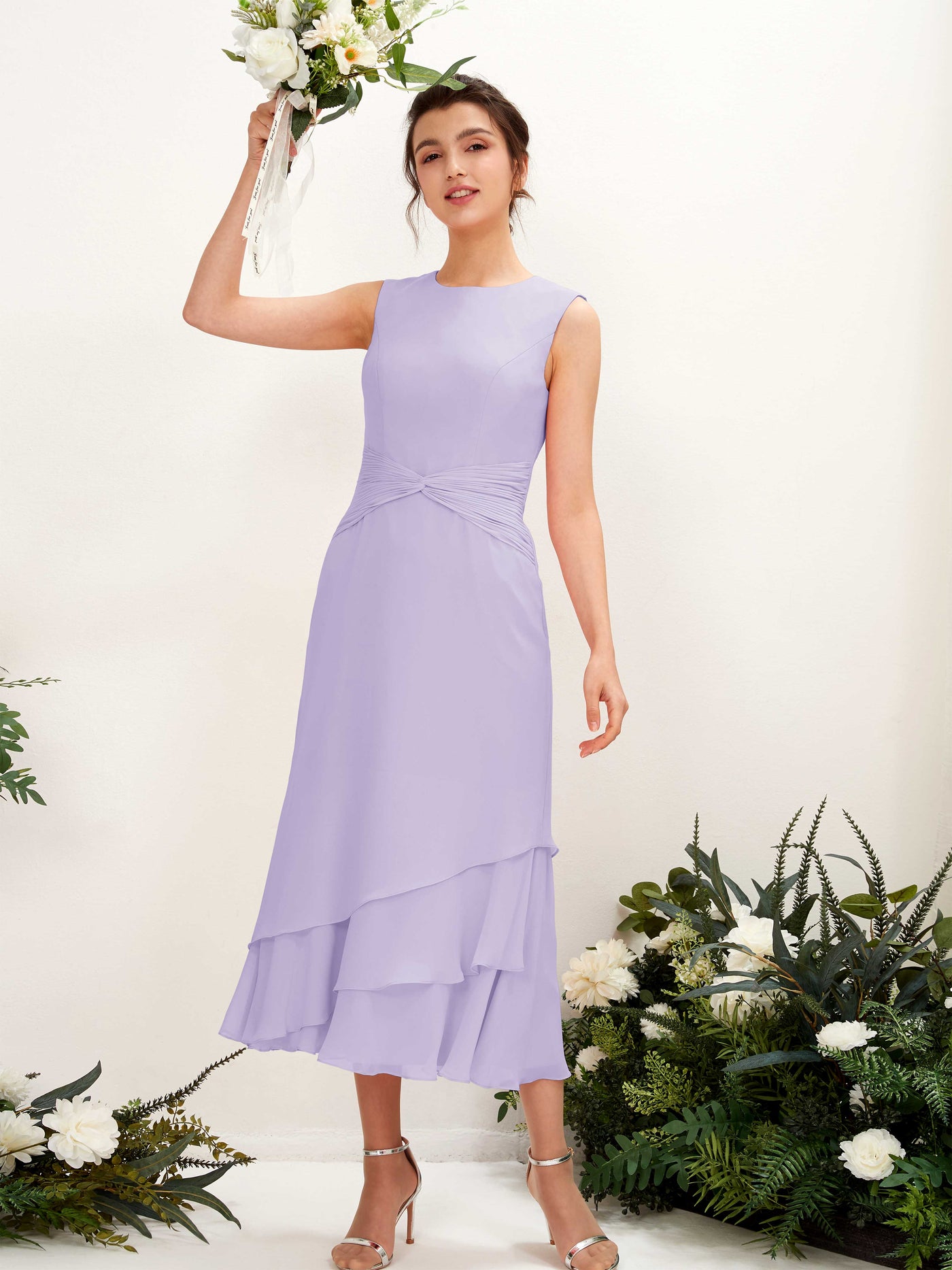 Carlyna Tubo Cuello redondo Hasta la tibia Gasa Vestido de dama de honor Lila #color_lila