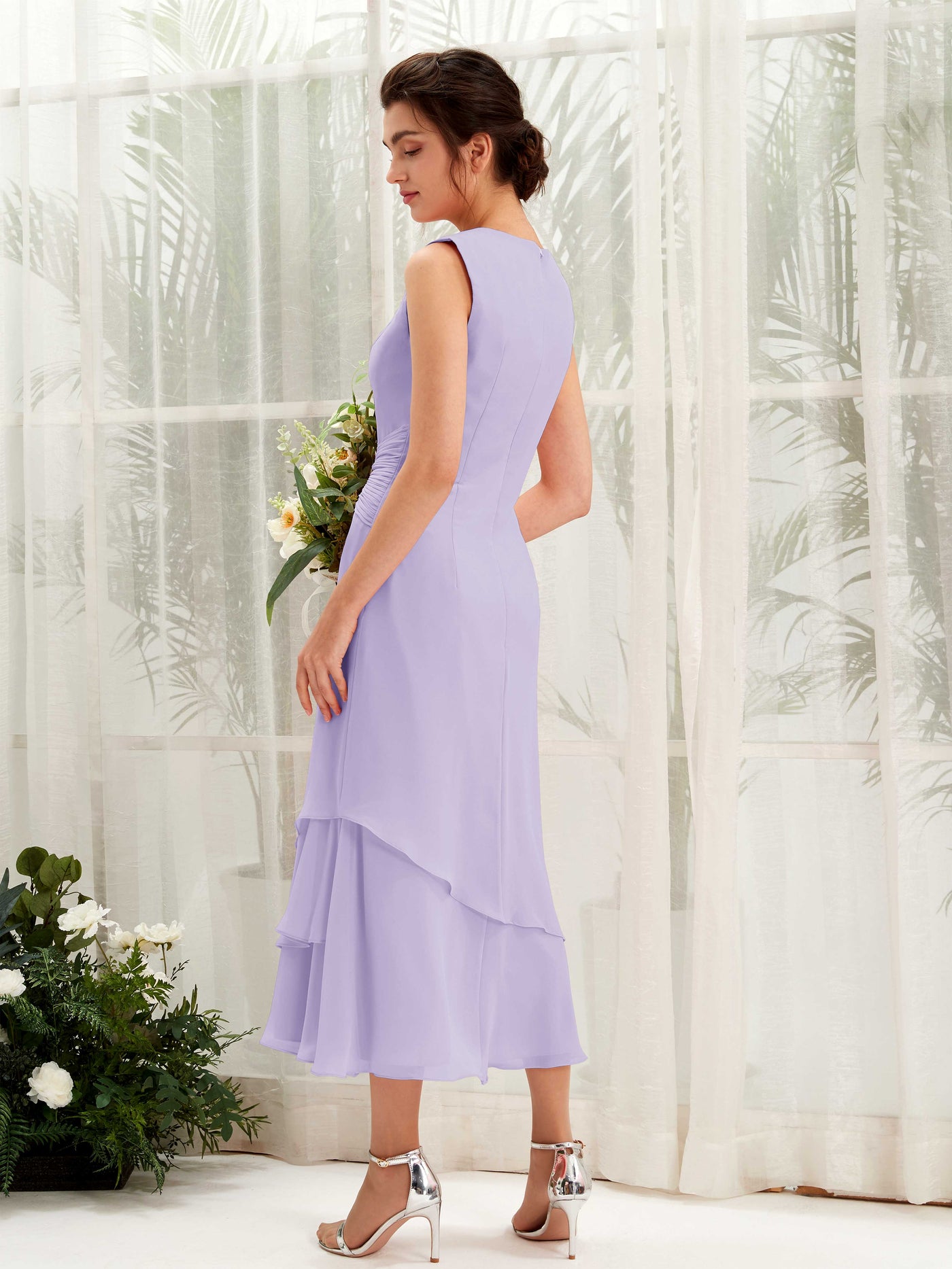 Carlyna Tubo Cuello redondo Hasta la tibia Gasa Vestido de dama de honor Lila #color_lila