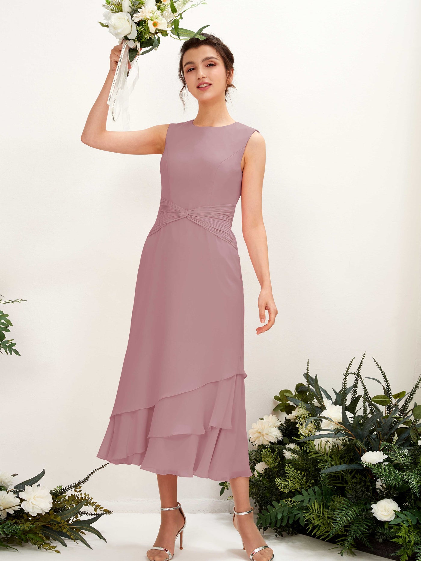 Carlyna Tubo Cuello redondo Hasta la tibia Gasa Vestido de dama de honor Malva Clásico #color_malva-cl-sico