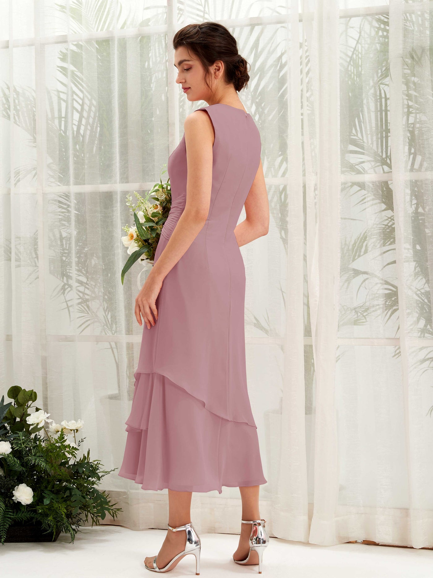 Carlyna Tubo Cuello redondo Hasta la tibia Gasa Vestido de dama de honor Malva Clásico #color_malva-cl-sico