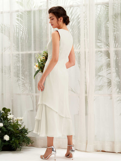 Carlyna Tubo Cuello redondo Hasta la tibia Gasa Vestido de dama de honor Marfil #color_marfil