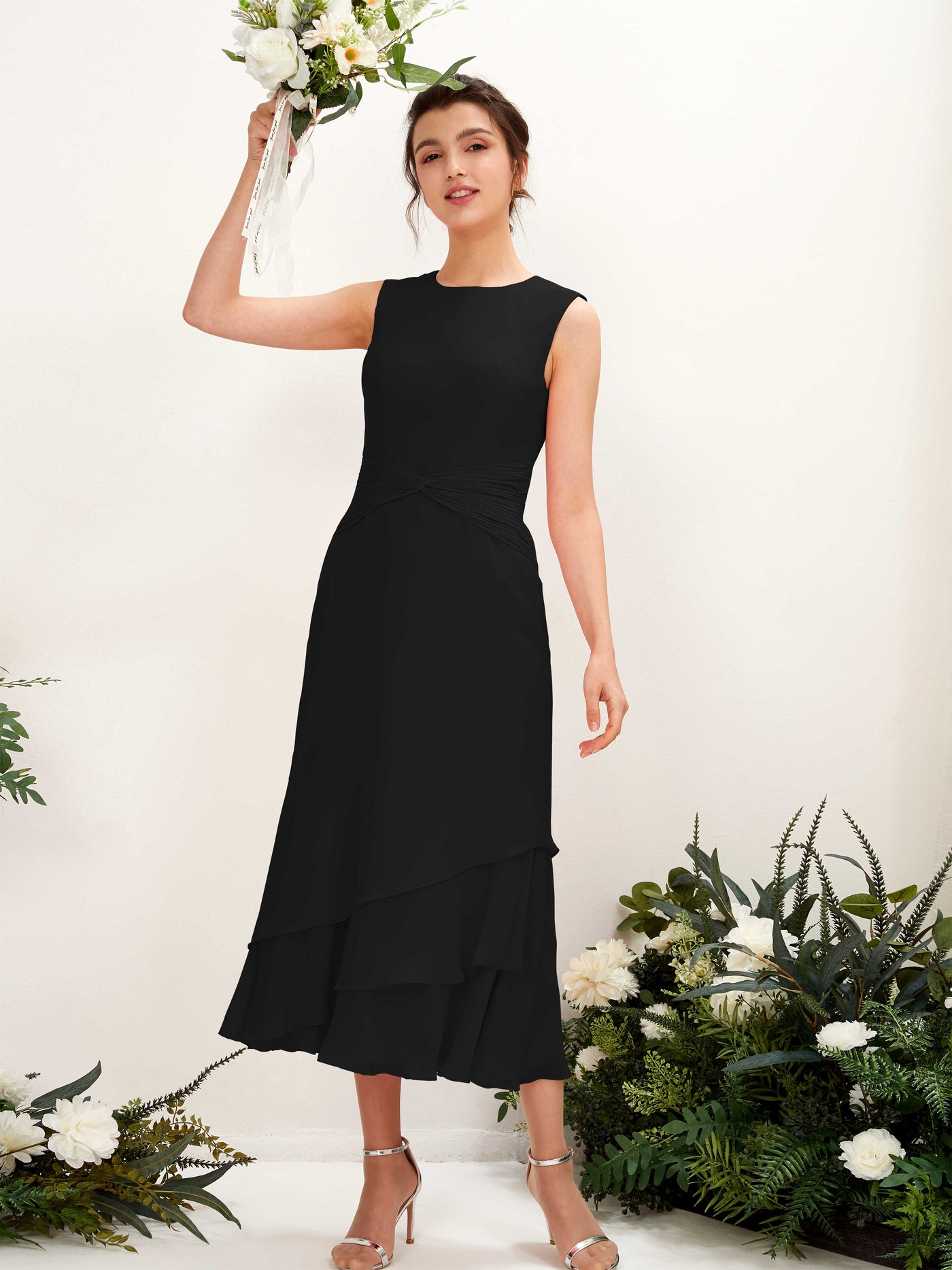 Carlyna Tubo Cuello redondo Hasta la tibia Gasa Vestido de dama de honor Negro #color_negro