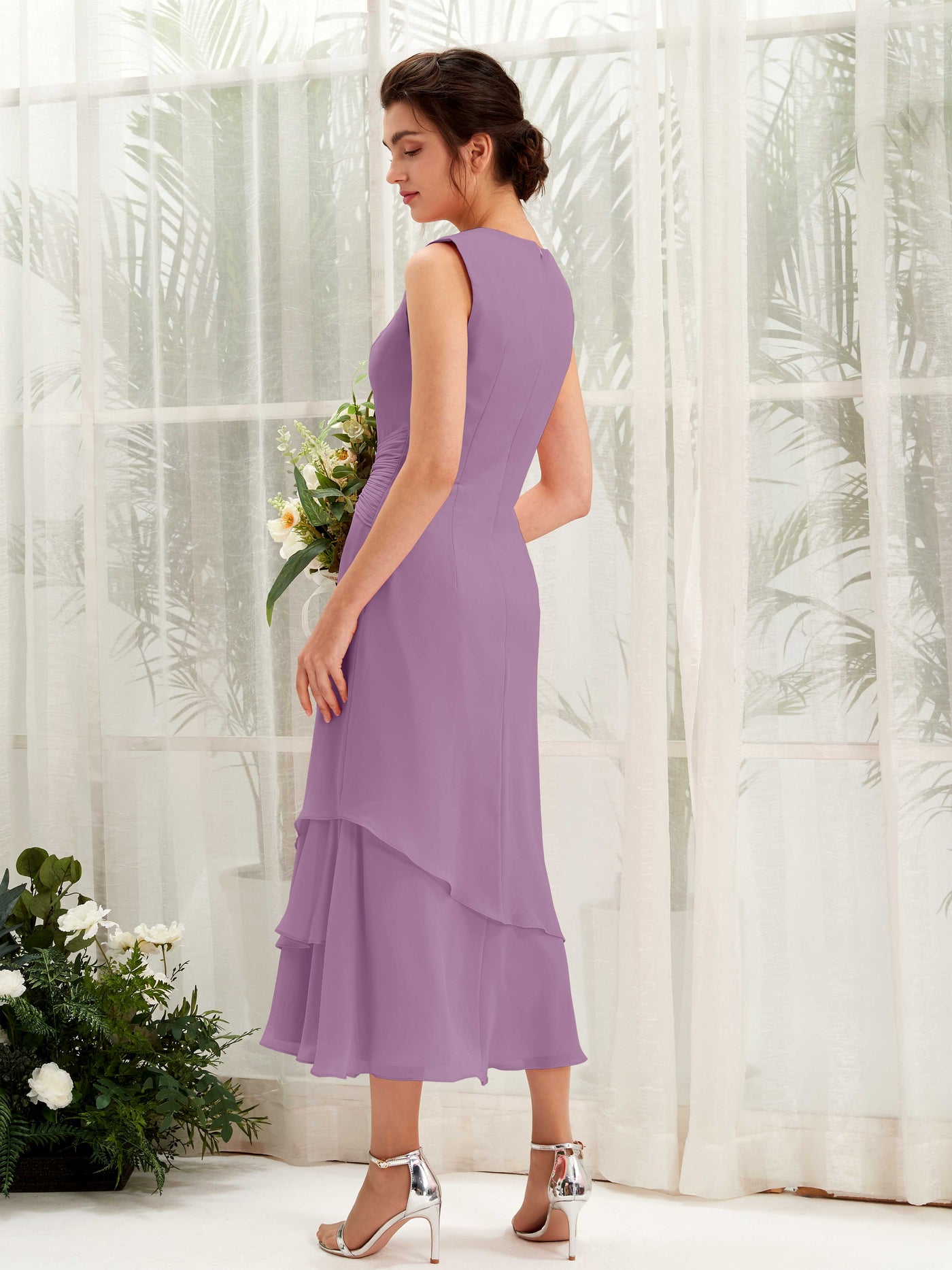 Carlyna Tubo Cuello redondo Hasta la tibia Gasa Vestido de dama de honor Niebla Orquídea #color_niebla-orqu-dea