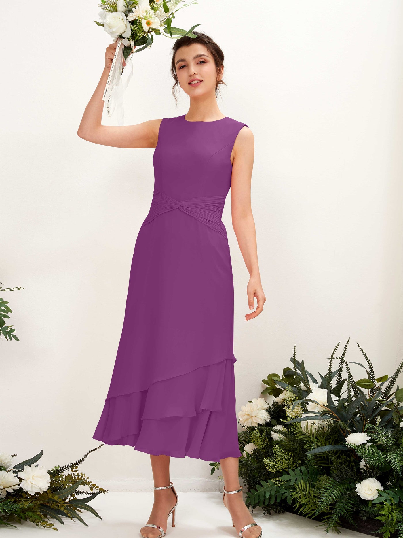 Carlyna Tubo Cuello redondo Hasta la tibia Gasa Vestido de dama de honor Púrpura #color_p-rpura