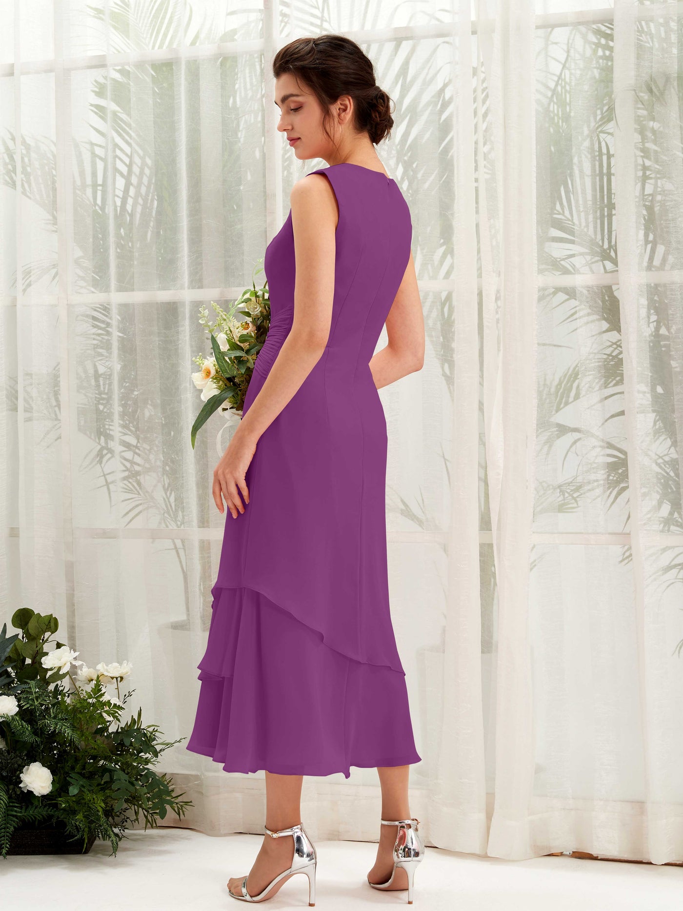 Carlyna Tubo Cuello redondo Hasta la tibia Gasa Vestido de dama de honor Púrpura #color_p-rpura