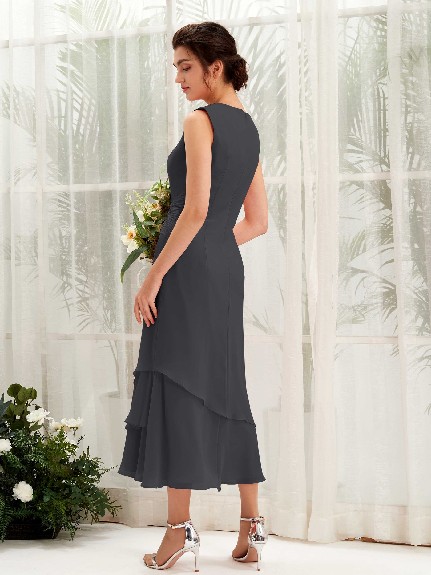 Carlyna Tubo Cuello redondo Hasta la tibia Gasa Vestido de dama de honor Peltre #color_peltre