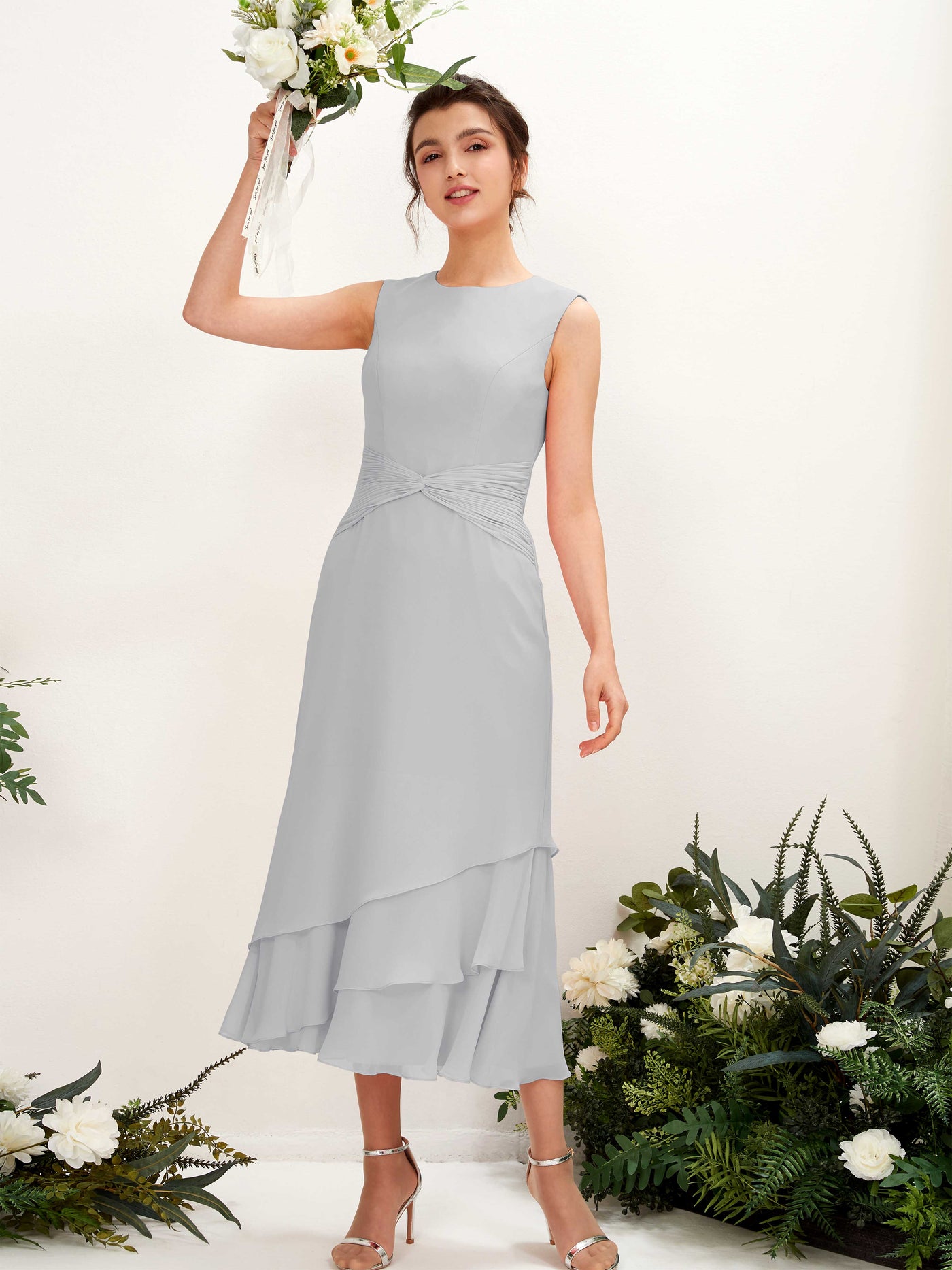 Carlyna Tubo Cuello redondo Hasta la tibia Gasa Vestido de dama de honor Plata #color_plata