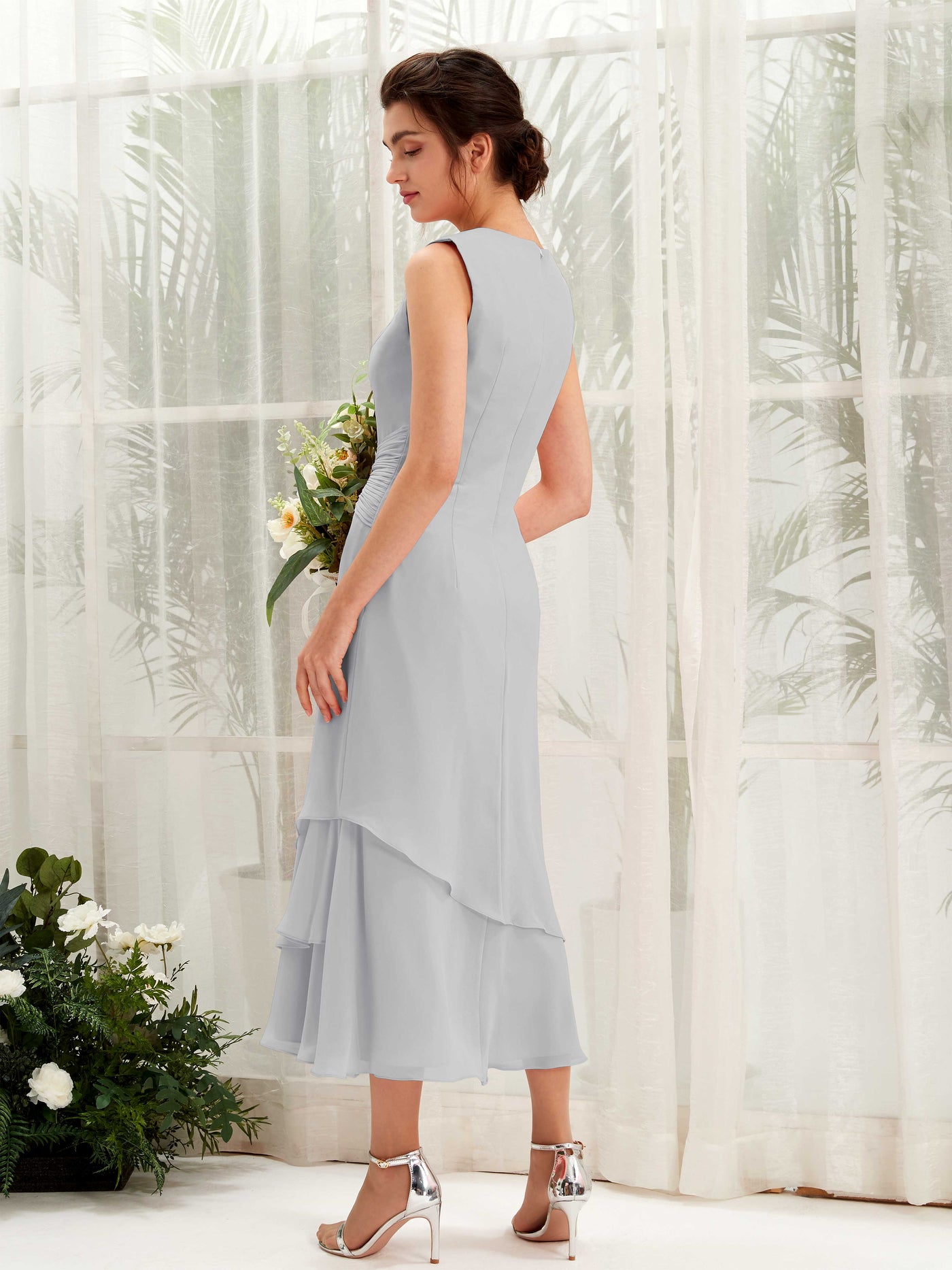 Carlyna Tubo Cuello redondo Hasta la tibia Gasa Vestido de dama de honor Plata #color_plata