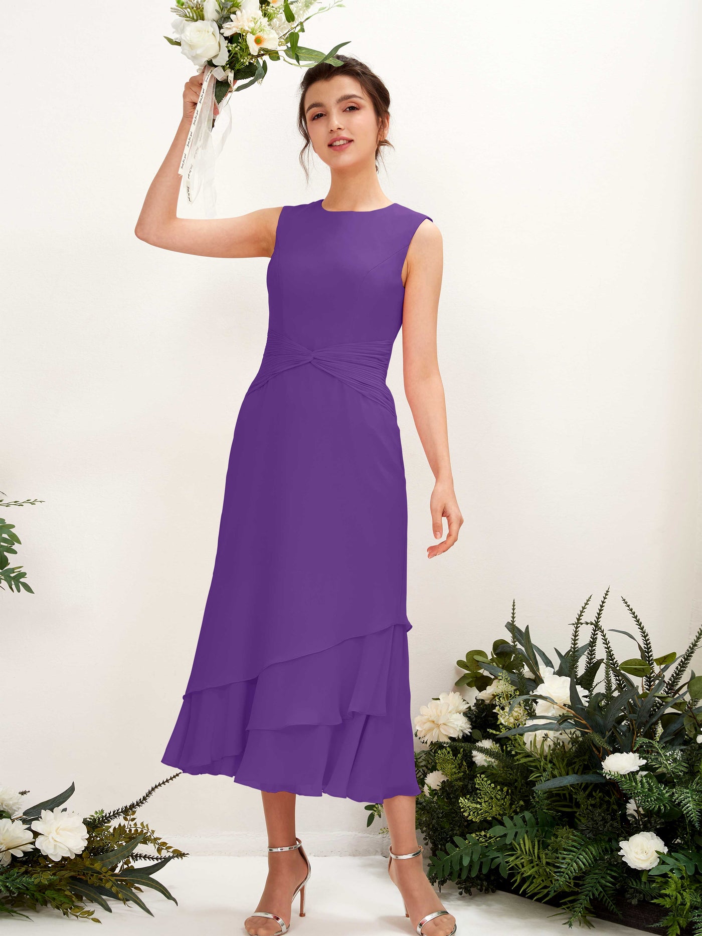 Carlyna Tubo Cuello redondo Hasta la tibia Gasa Vestido de dama de honor Regencia #color_regencia