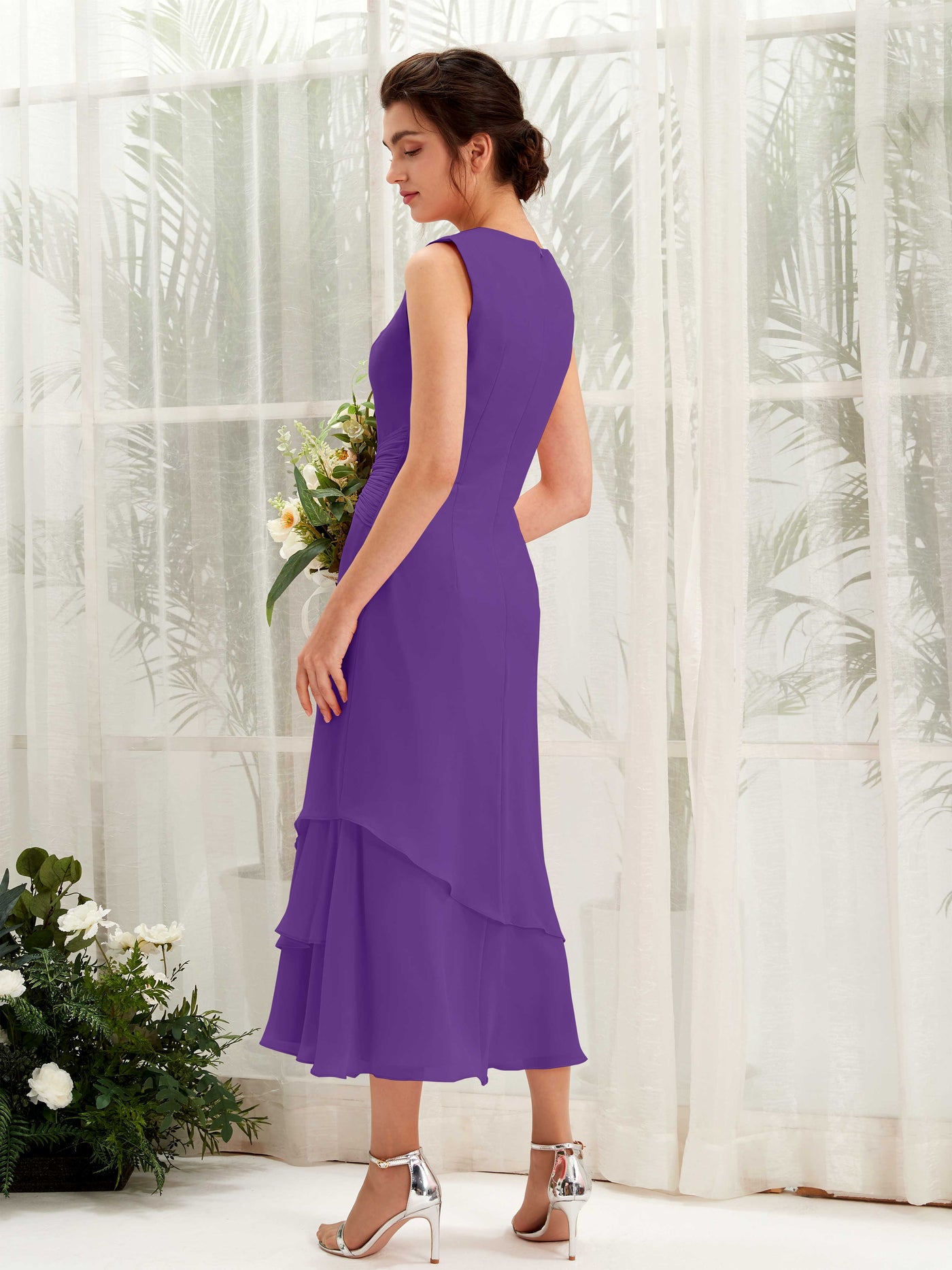 Carlyna Tubo Cuello redondo Hasta la tibia Gasa Vestido de dama de honor Regencia #color_regencia