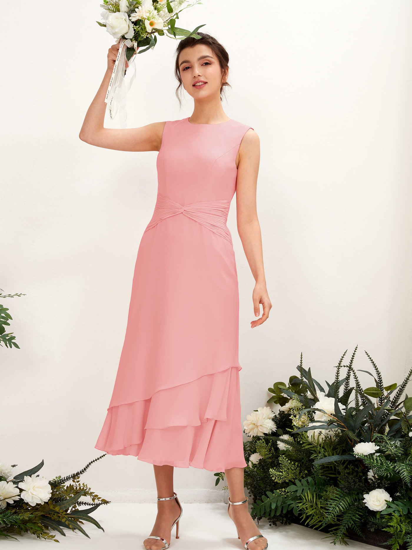 Carlyna Tubo Cuello redondo Hasta la tibia Gasa Vestido de dama de honor Rosa Ballet #color_rosa-ballet
