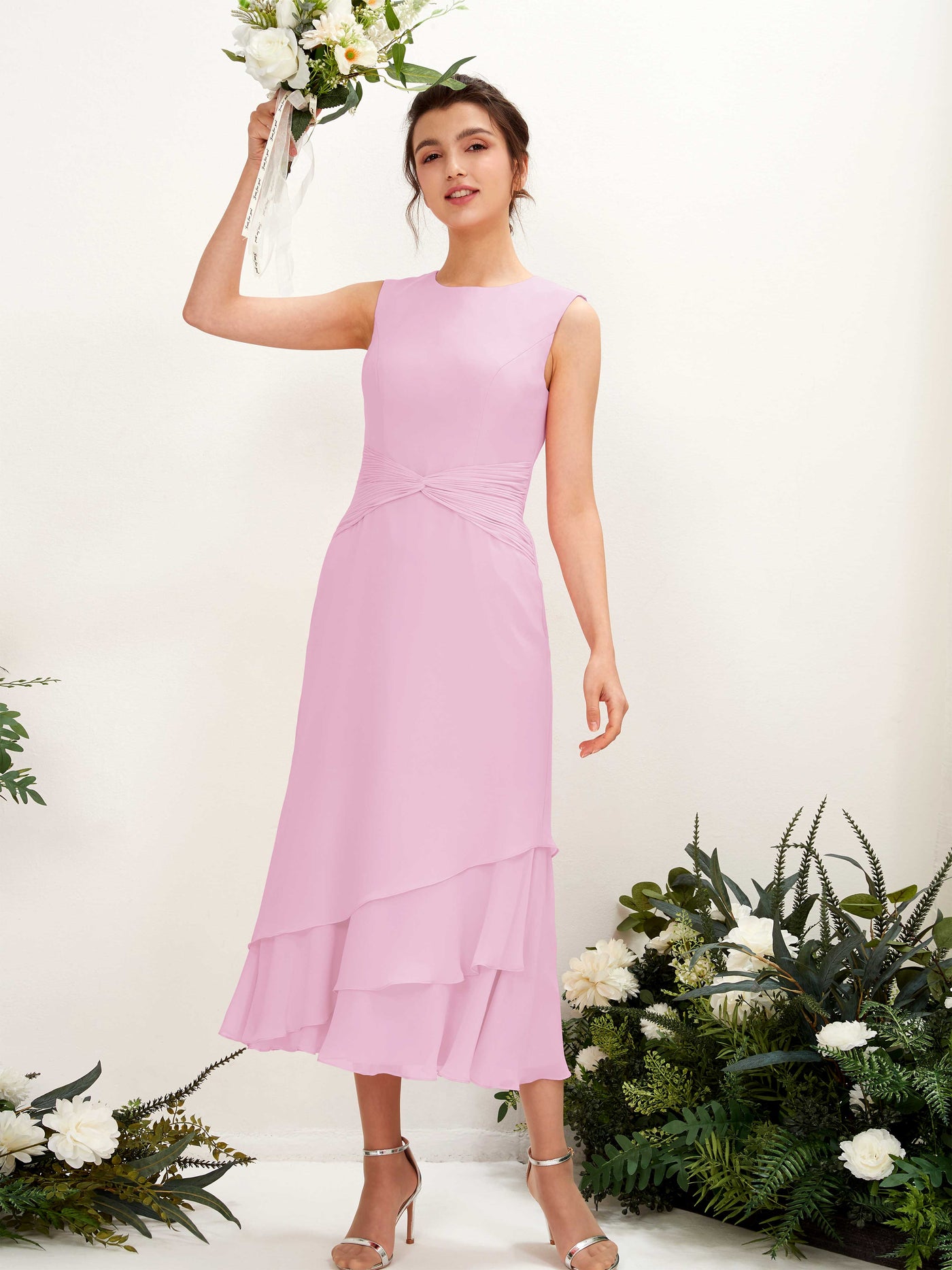 Carlyna Tubo Cuello redondo Hasta la tibia Gasa Vestido de dama de honor Rosa Caramelo #color_rosa-caramelo